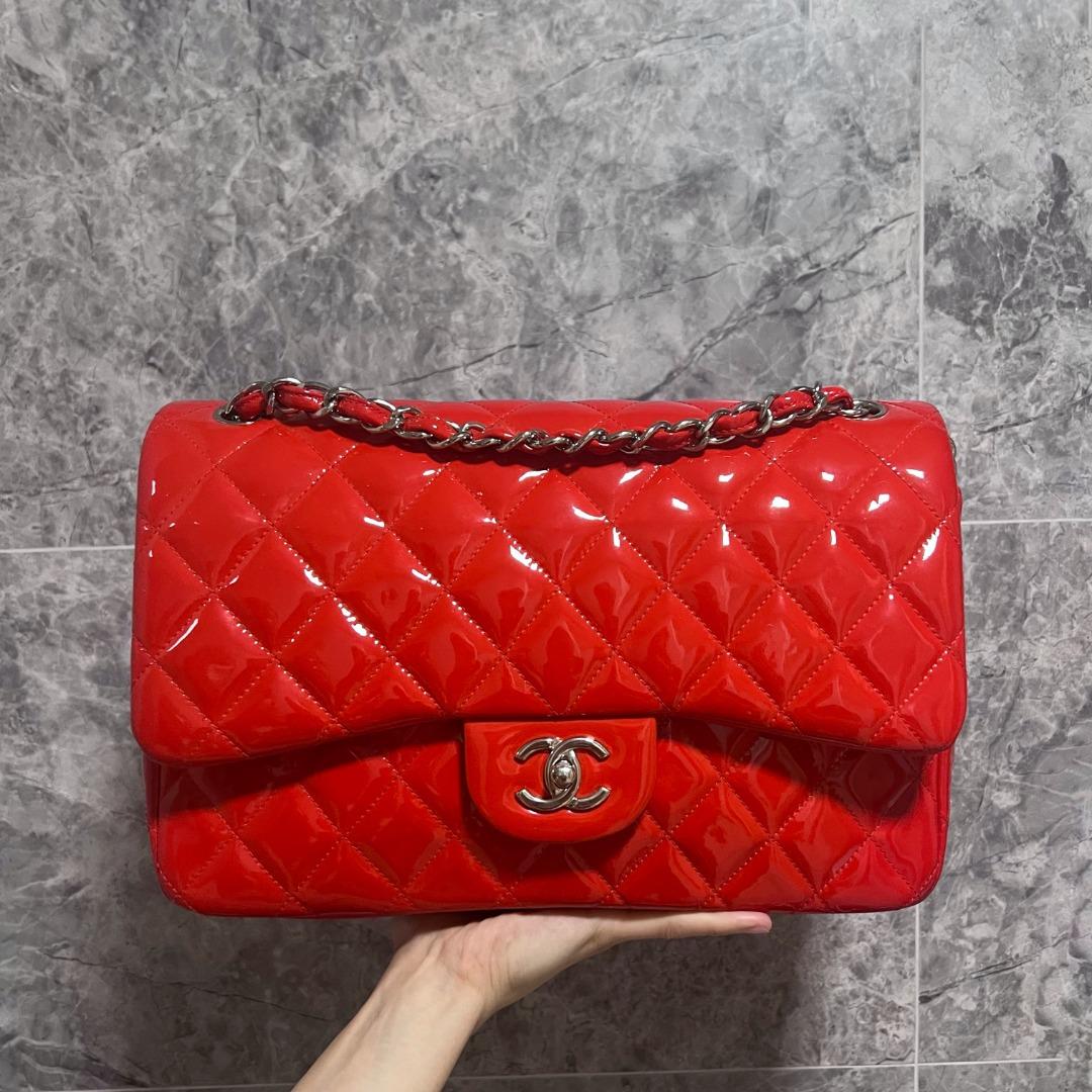 Chanel Classic Flap Jumbo CF Double Flap Red Patent Leather No 19 - Luxury Evermore