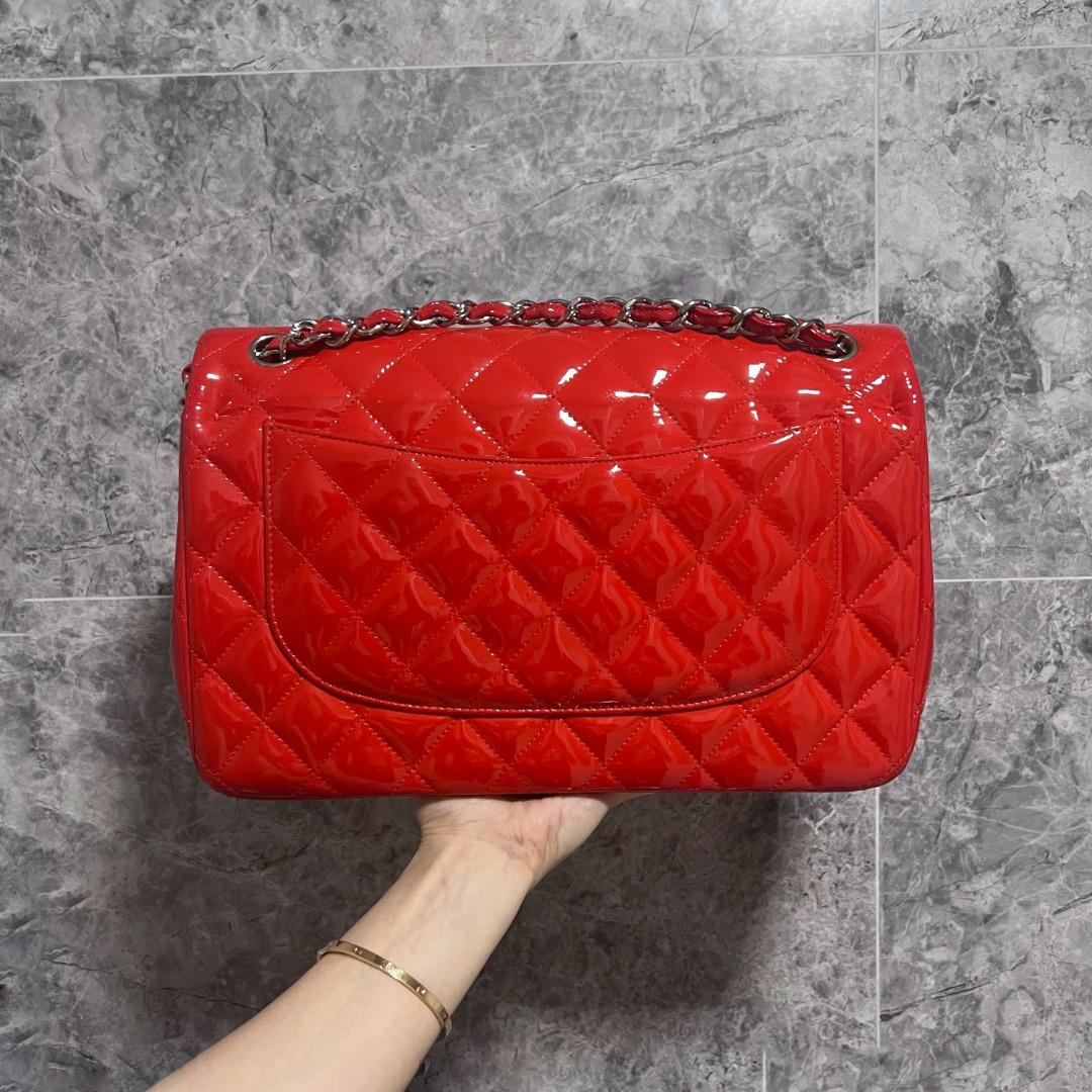 Chanel Classic Flap Jumbo CF Double Flap Red Patent Leather No 19 - Luxury Evermore