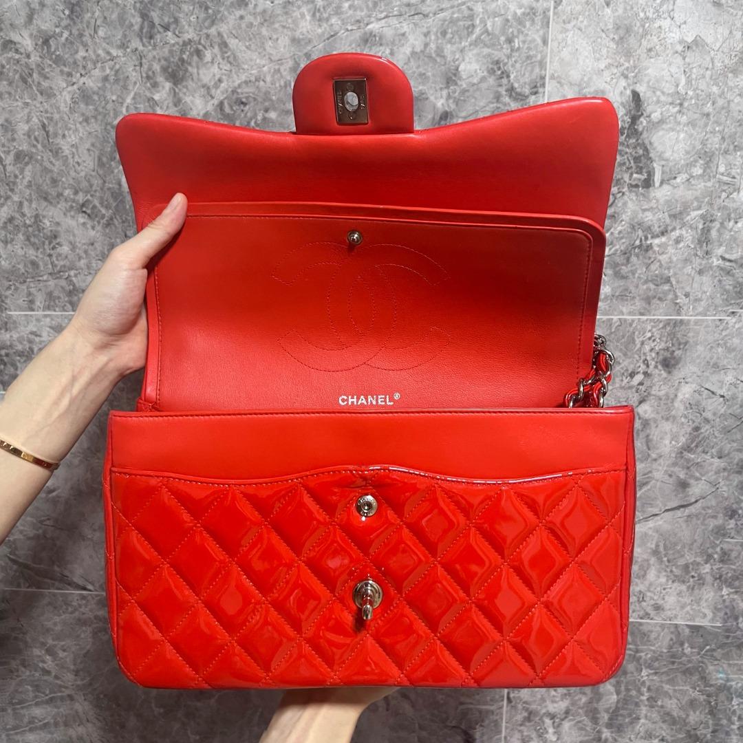 Chanel Classic Flap Jumbo CF Double Flap Red Patent Leather No 19 - Luxury Evermore