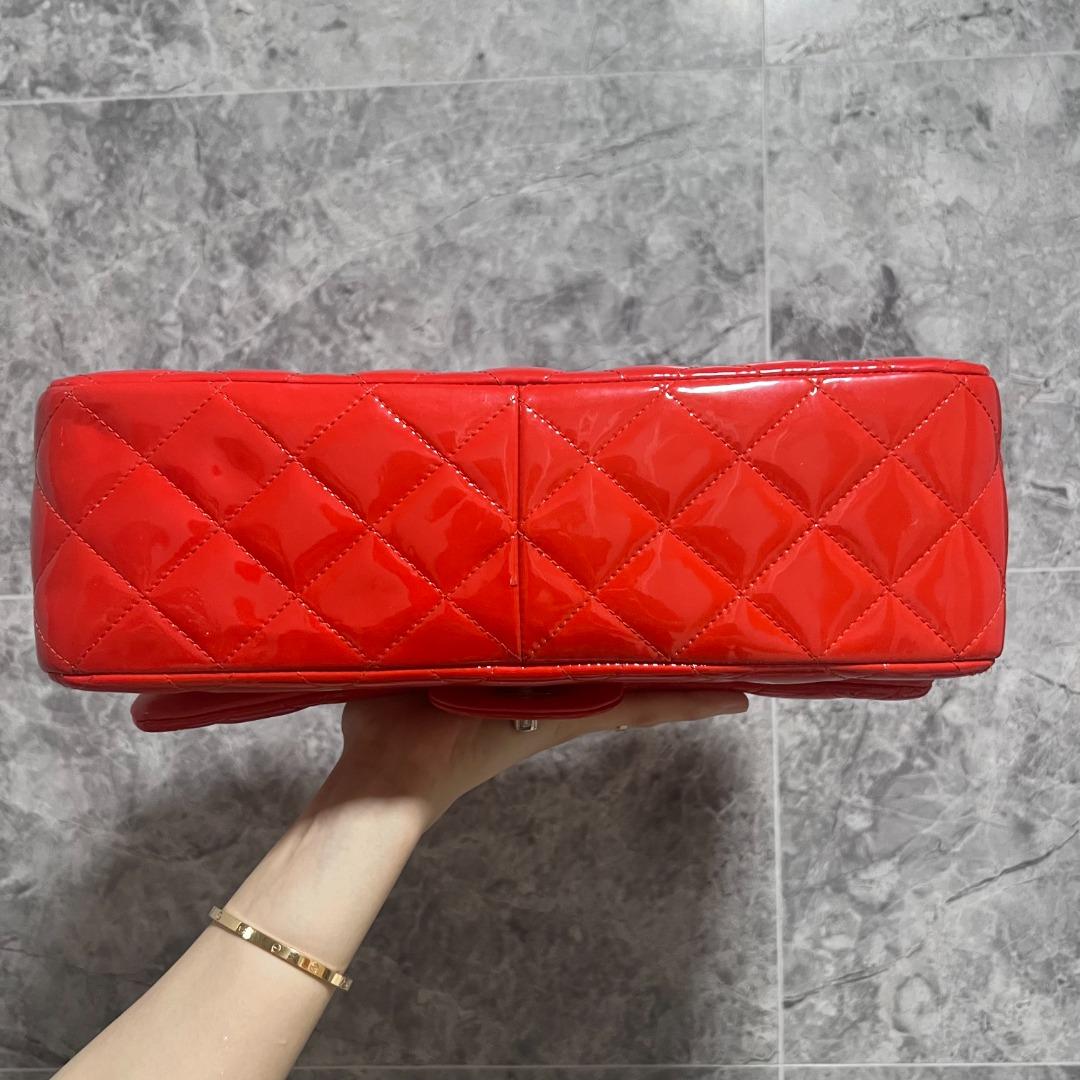 Chanel Classic Flap Jumbo CF Double Flap Red Patent Leather No 19 - Luxury Evermore