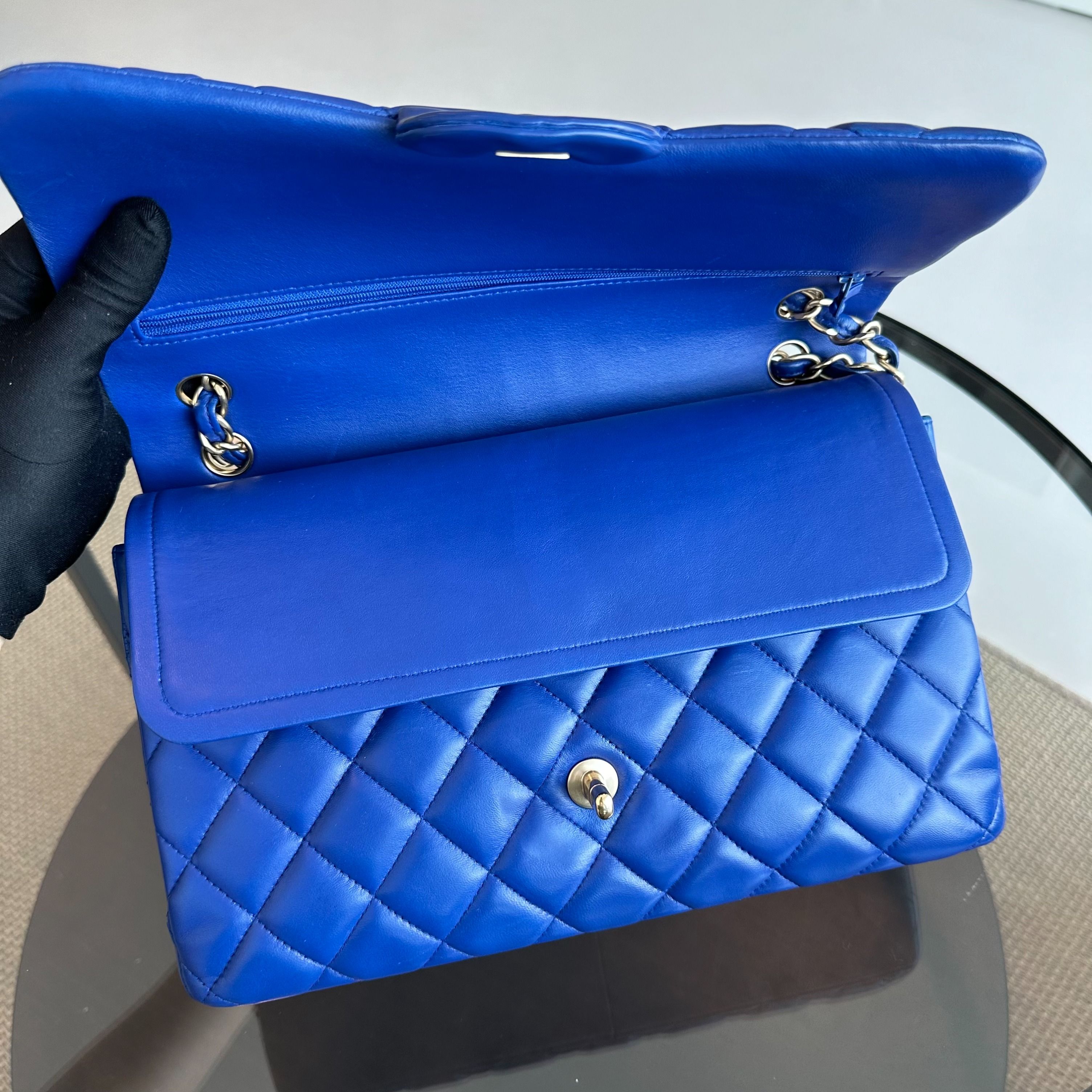 Chanel Classic Flap Jumbo Double Flap Lambskin Blue GHW No 18 - Luxury Evermore