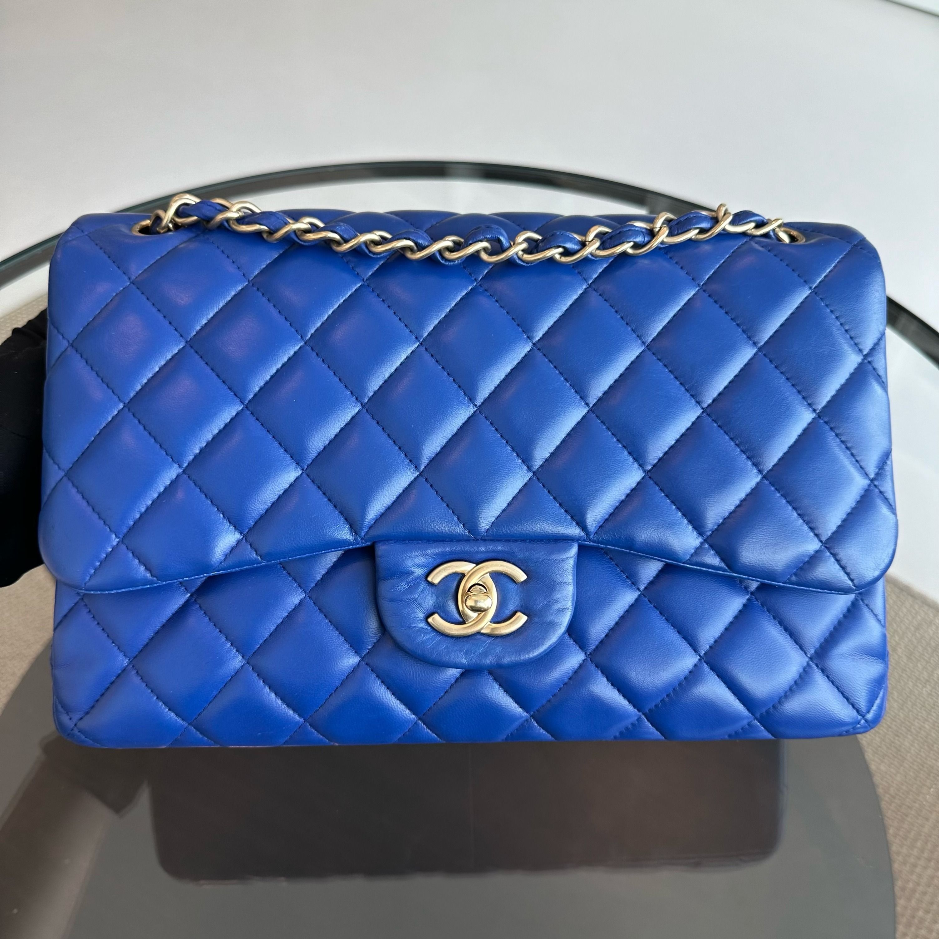 Chanel Classic Flap Jumbo Double Flap Lambskin Blue GHW No 18 - Luxury Evermore