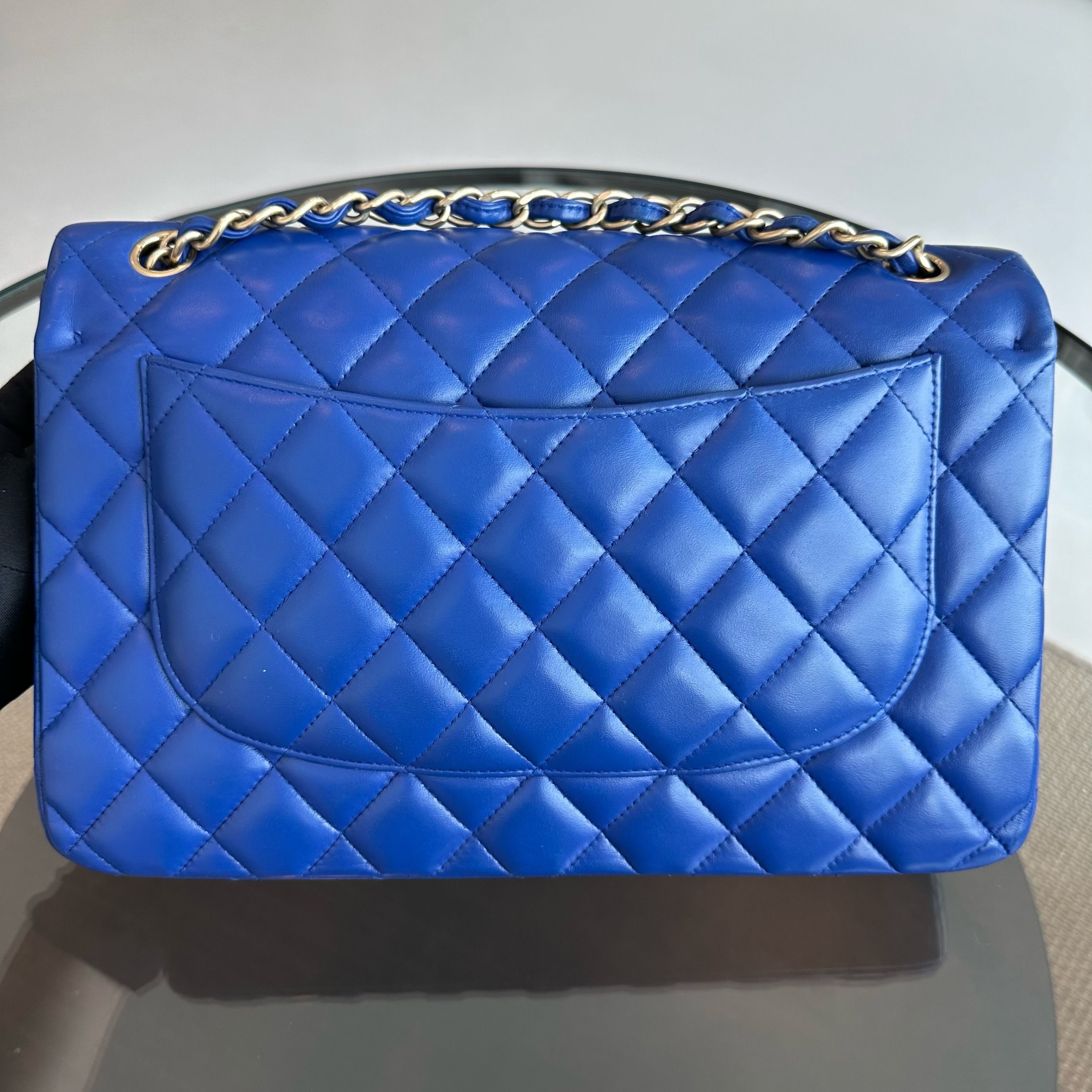 Chanel Classic Flap Jumbo Double Flap Lambskin Blue GHW No 18 - Luxury Evermore