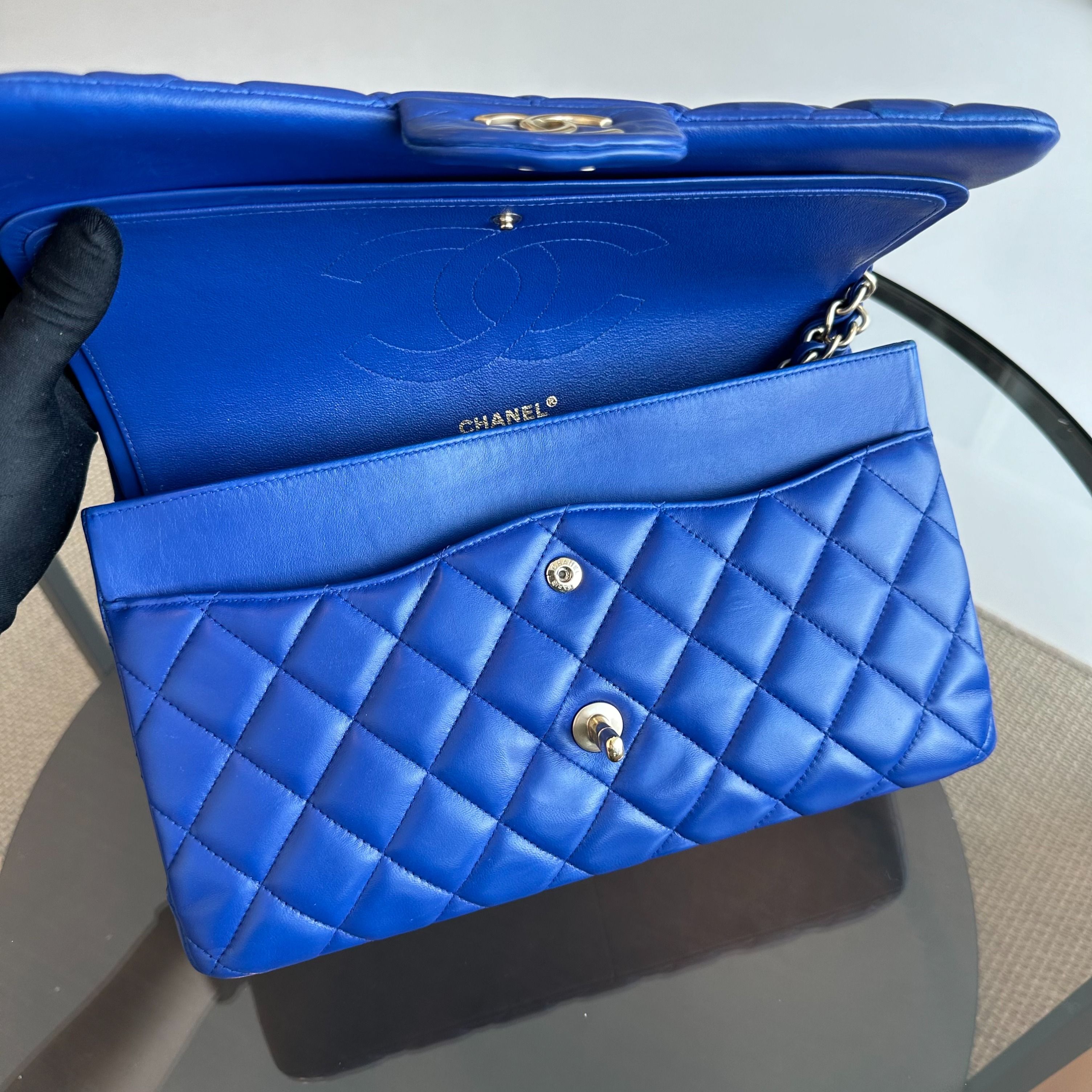 Chanel Classic Flap Jumbo Double Flap Lambskin Blue GHW No 18 - Luxury Evermore