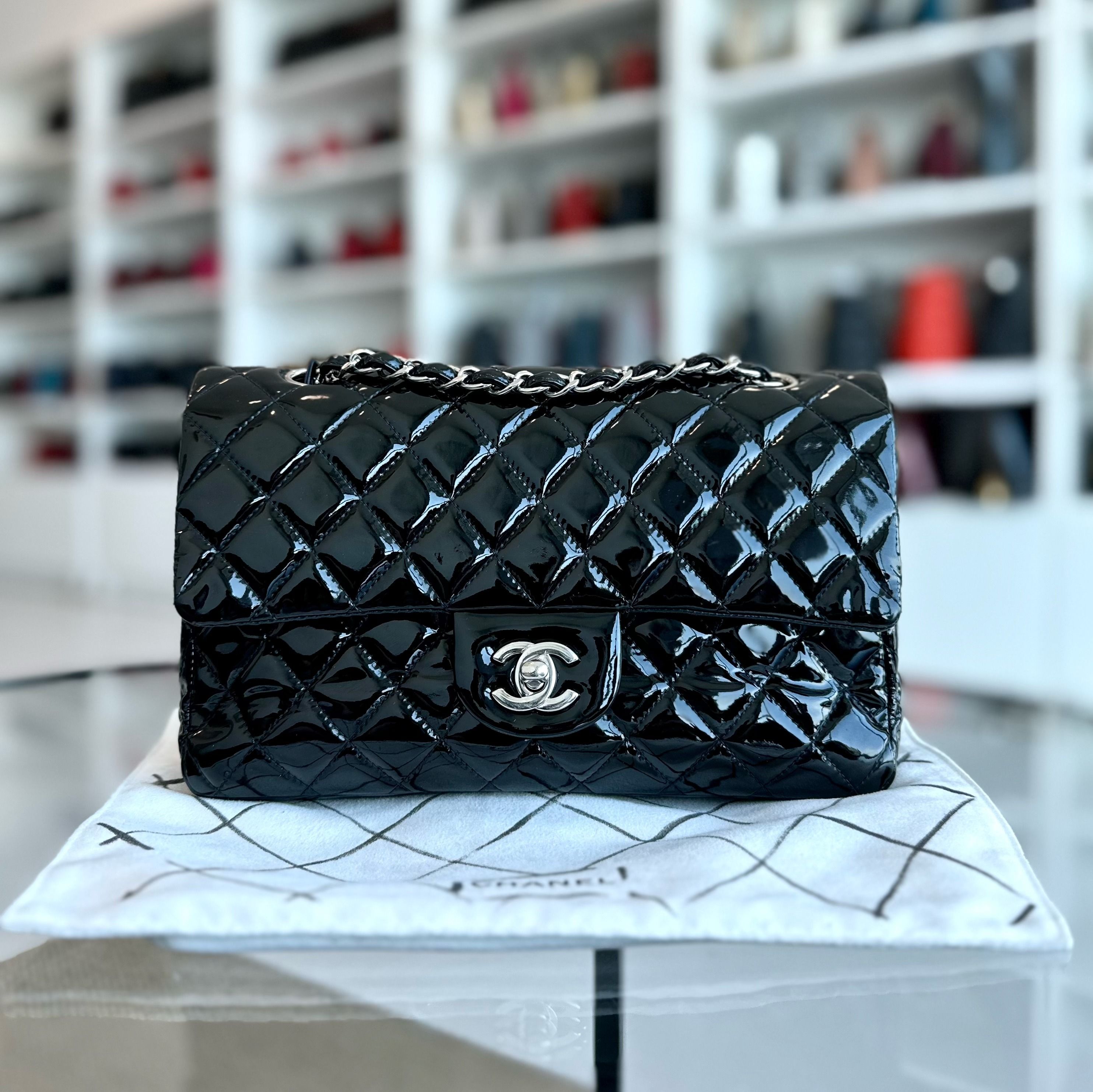 Chanel Classic Flap Medium Double Flap Patent Leather Quilted Black SHW - Luxury Evermore