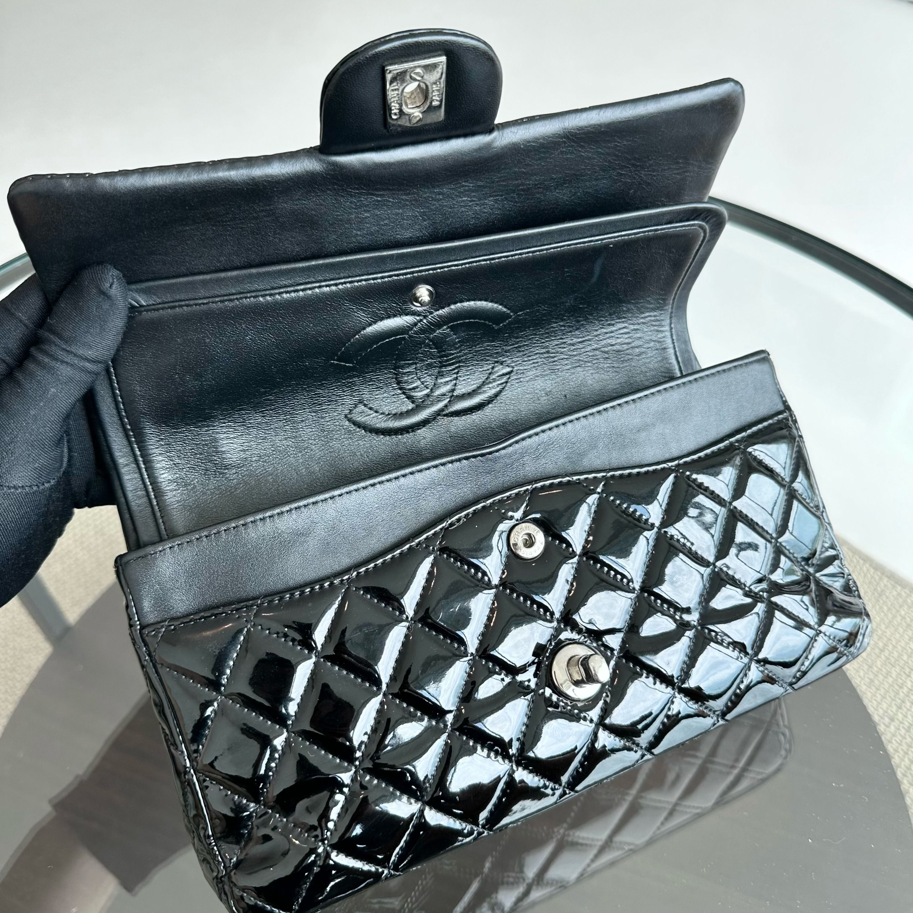 Chanel Classic Flap Medium Double Flap Patent Leather Quilted Black SHW - Luxury Evermore