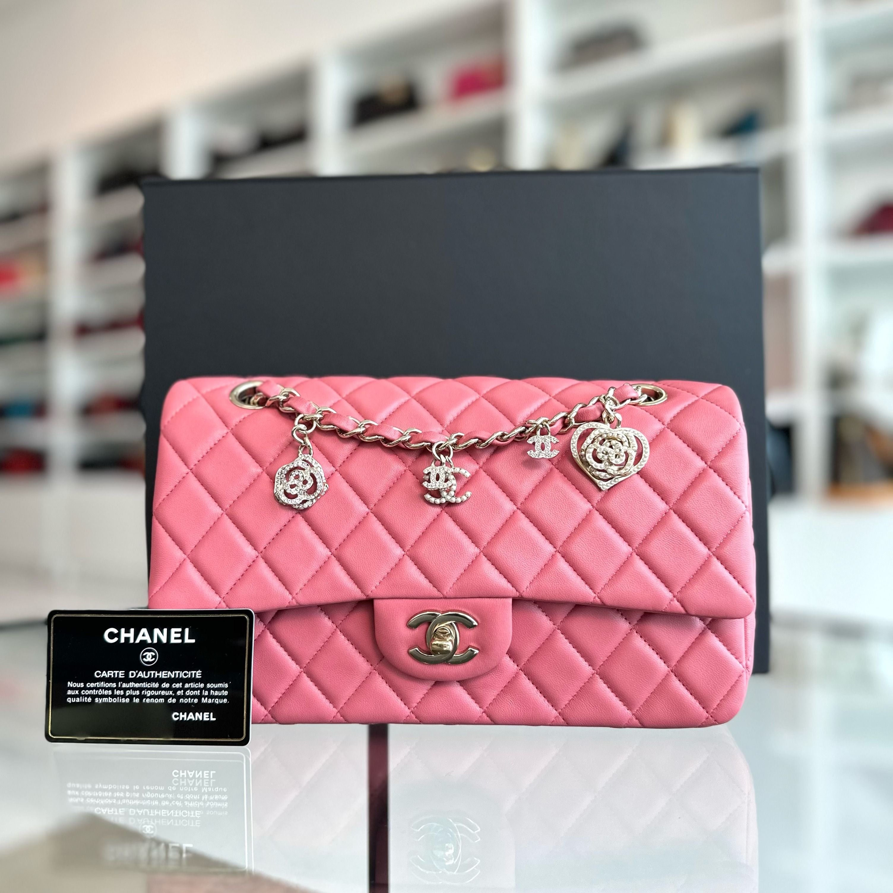 Chanel Classic Flap Medium Lambskin Valentine Crystal Heart Special Edition Pink LGHW No 19 - Luxury Evermore