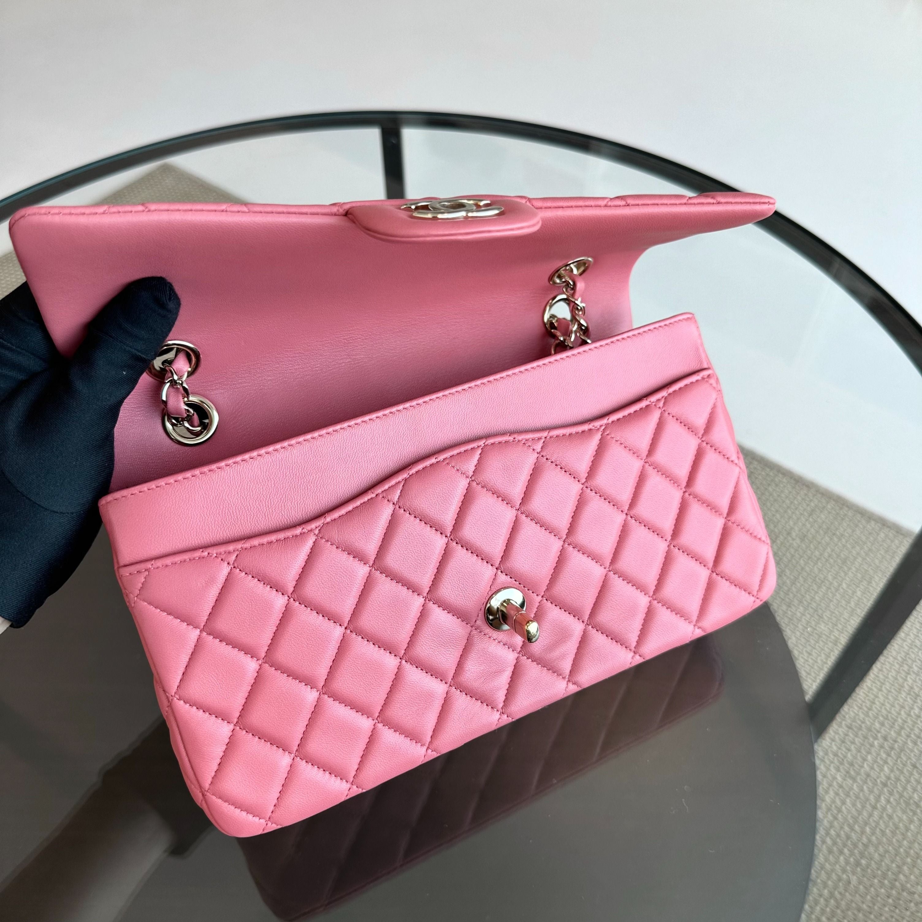 Chanel Classic Flap Medium Lambskin Valentine Crystal Heart Special Edition Pink LGHW No 19 - Luxury Evermore