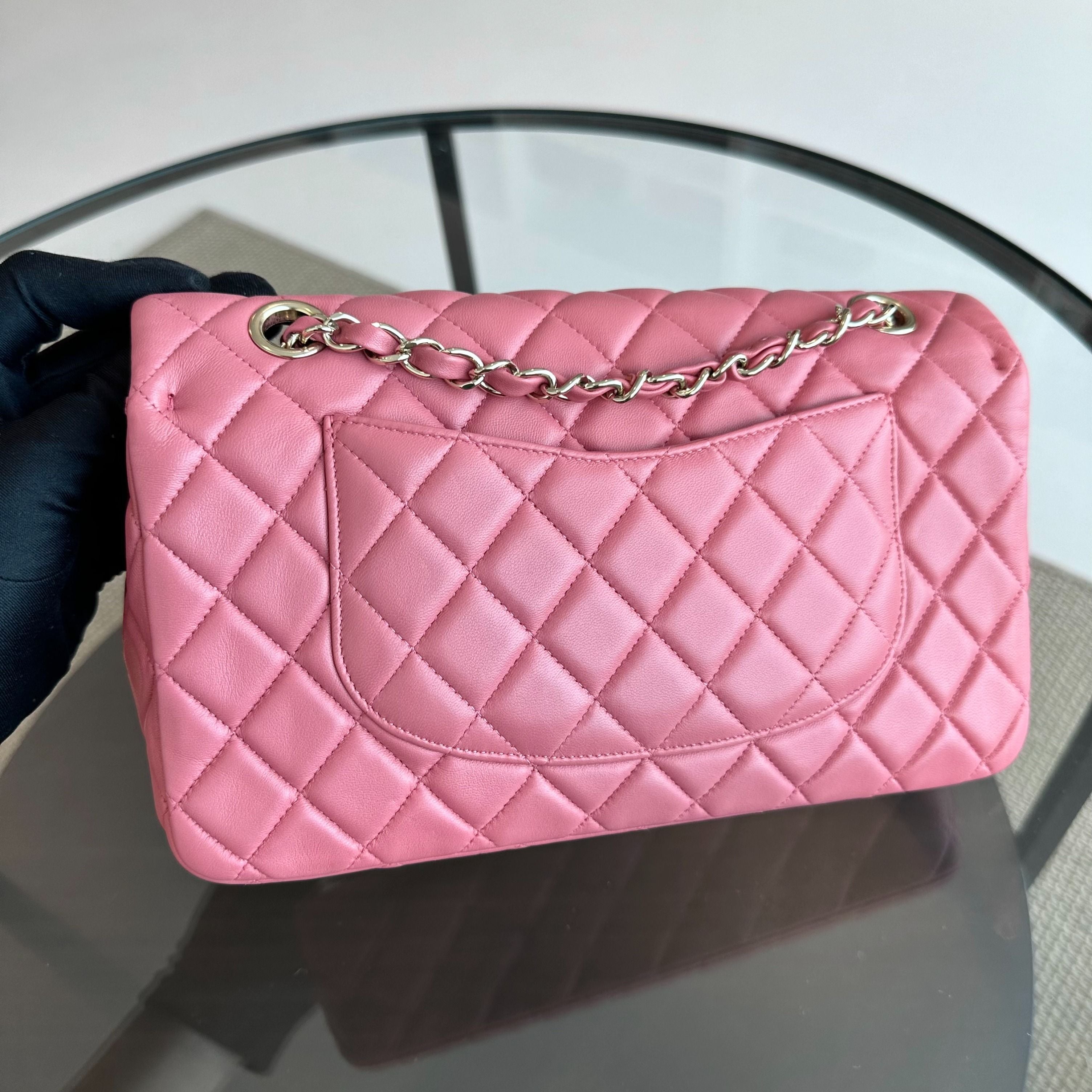 Chanel Classic Flap Medium Lambskin Valentine Crystal Heart Special Edition Pink LGHW No 19 - Luxury Evermore