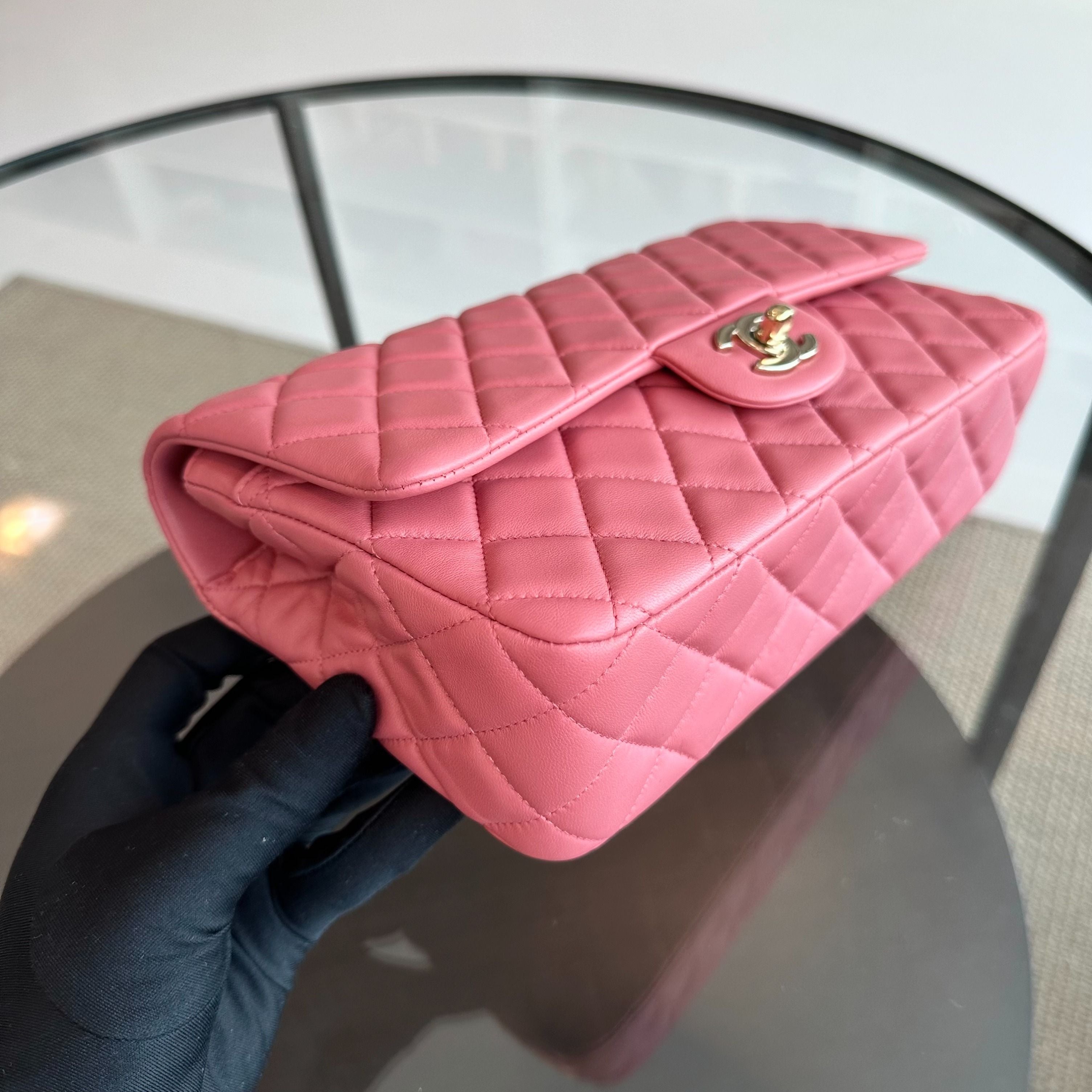 Chanel Classic Flap Medium Lambskin Valentine Crystal Heart Special Edition Pink LGHW No 19 - Luxury Evermore