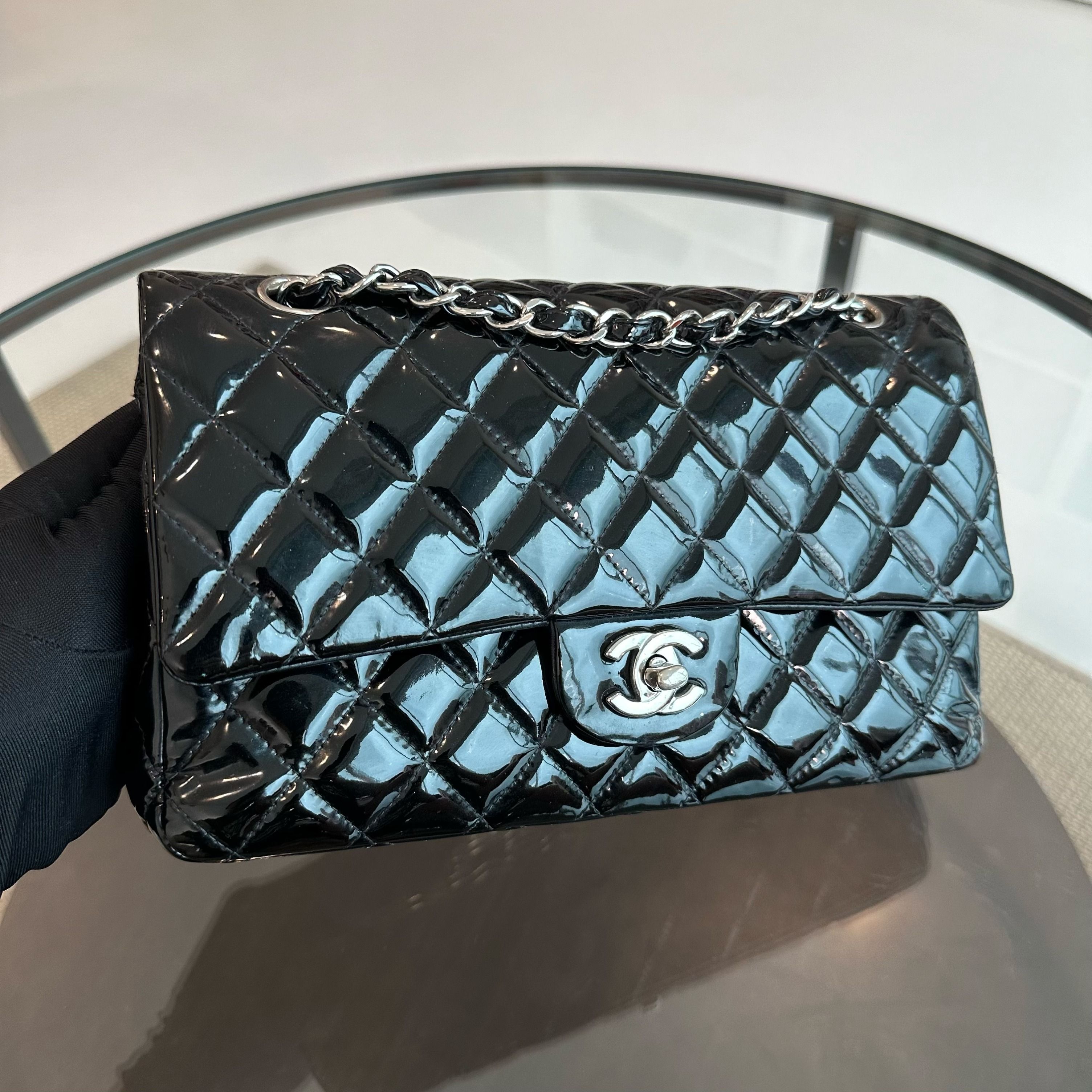 Chanel Classic Flap Medium Patent Leather Quilted Black No 19 - Luxury Evermore