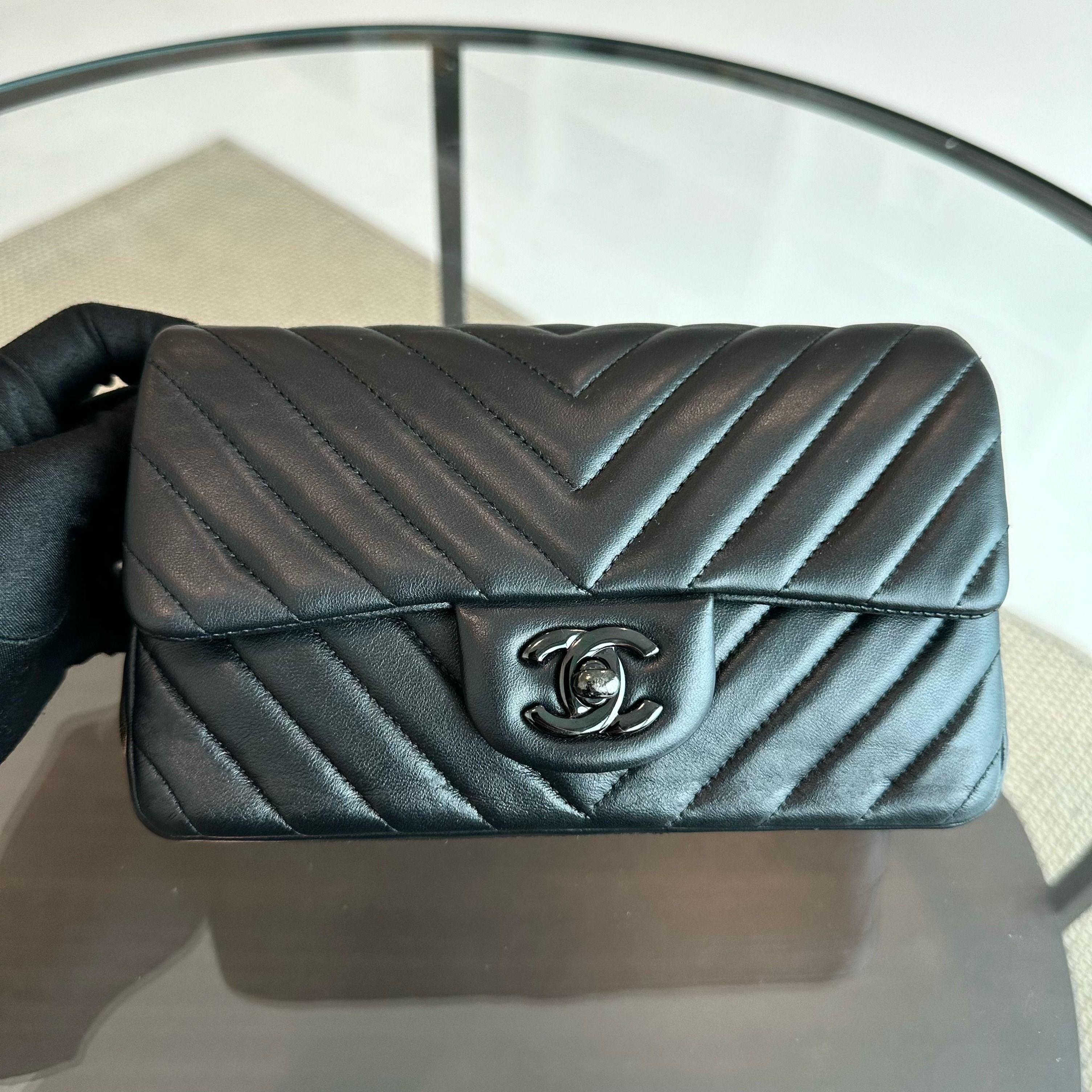 Chanel Classic Flap Mini Rectangular 20CM Lambskin Chevron All Black BHW No 21 - Luxury Evermore