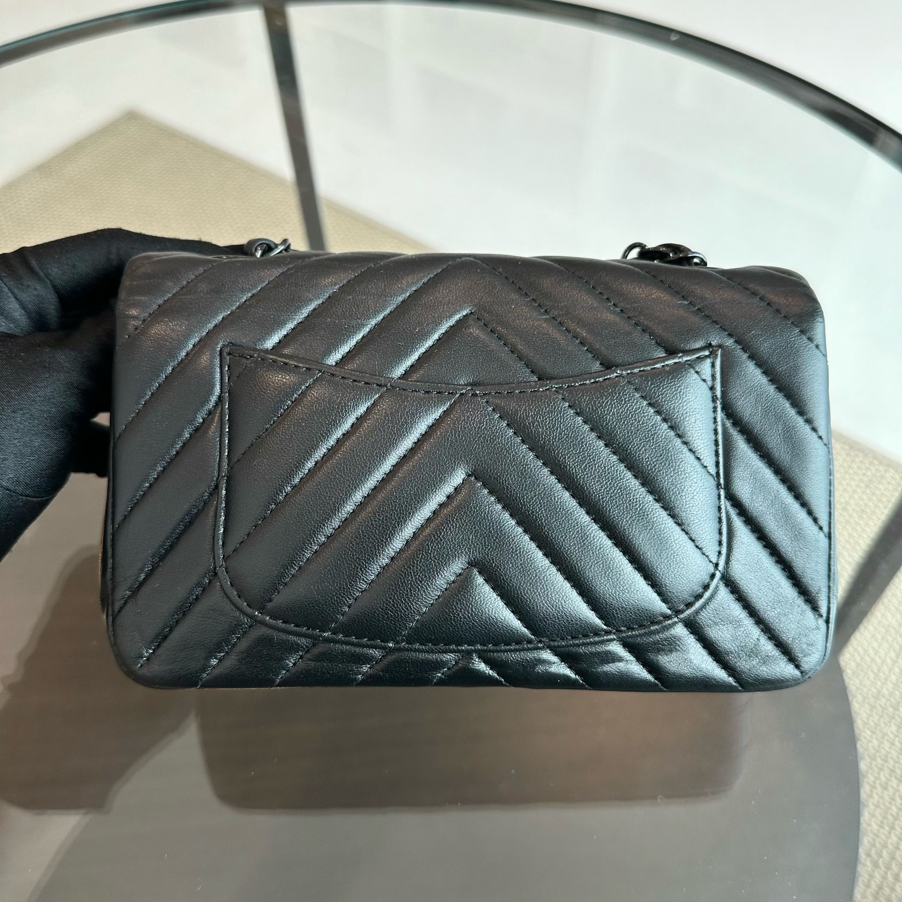 Chanel Classic Flap Mini Rectangular 20CM Lambskin Chevron All Black BHW No 21 - Luxury Evermore