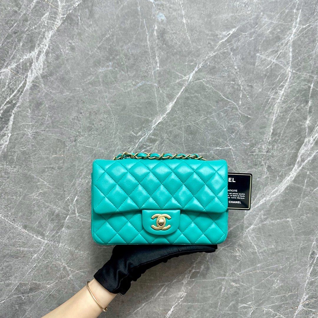 Chanel Classic Flap Mini Rectangular Lambskin Tiffany Blue GHW No 27 - Luxury Evermore