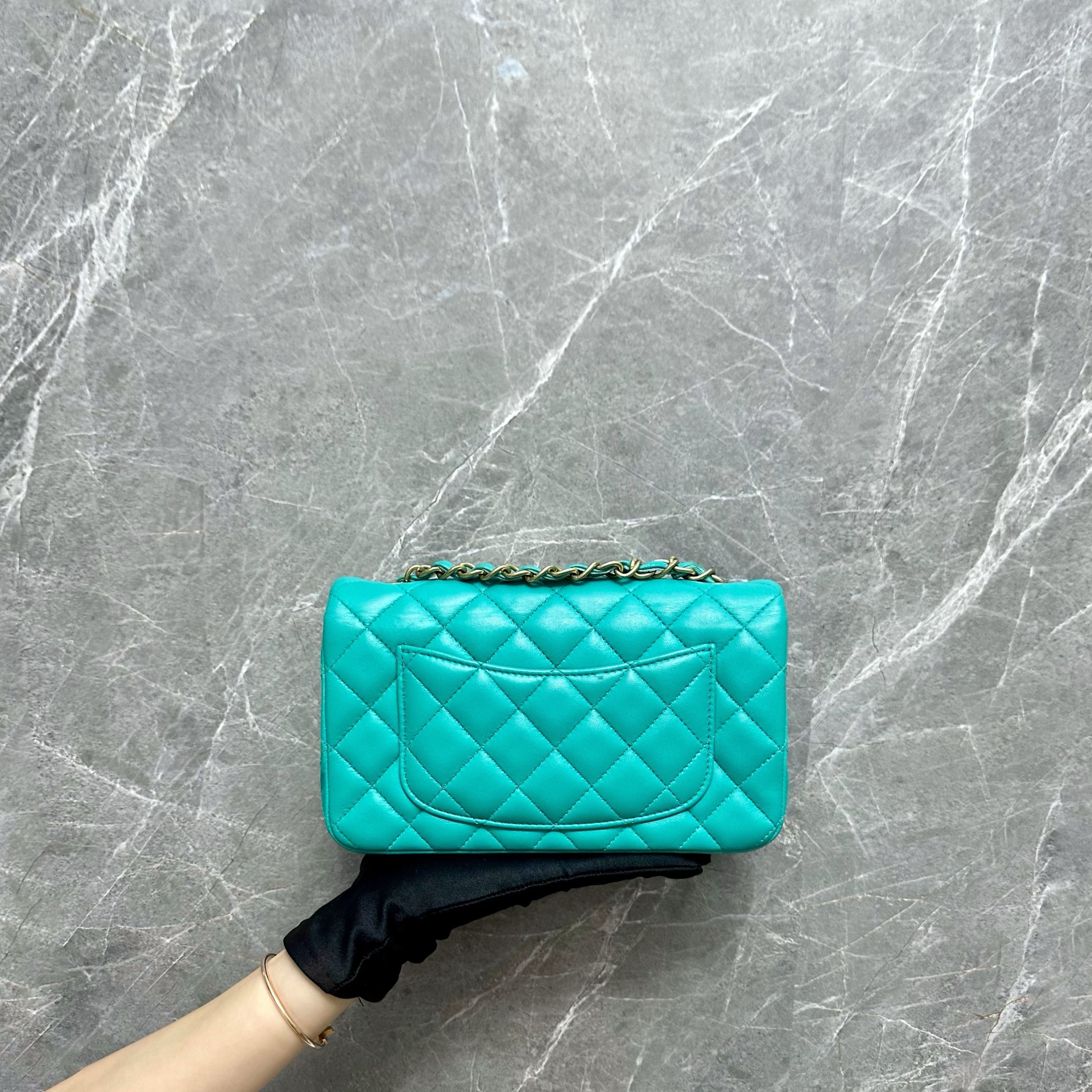 Chanel Classic Flap Mini Rectangular Lambskin Tiffany Blue GHW No 27 - Luxury Evermore