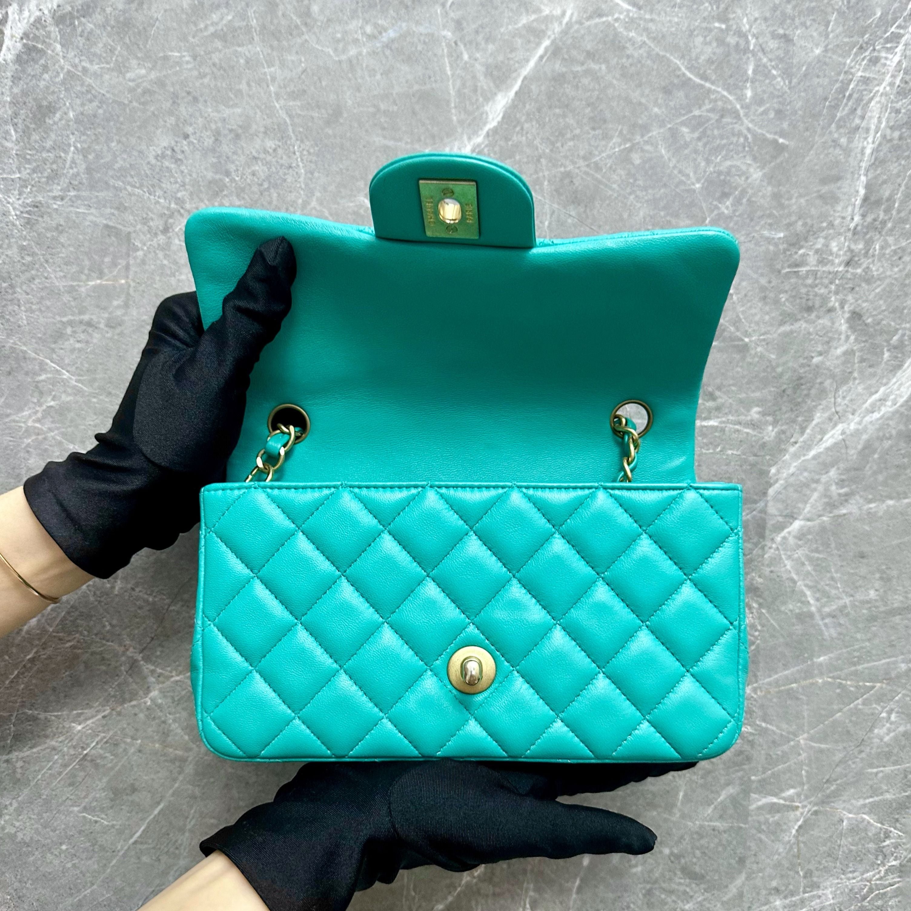 Chanel Classic Flap Mini Rectangular Lambskin Tiffany Blue GHW No 27 - Luxury Evermore