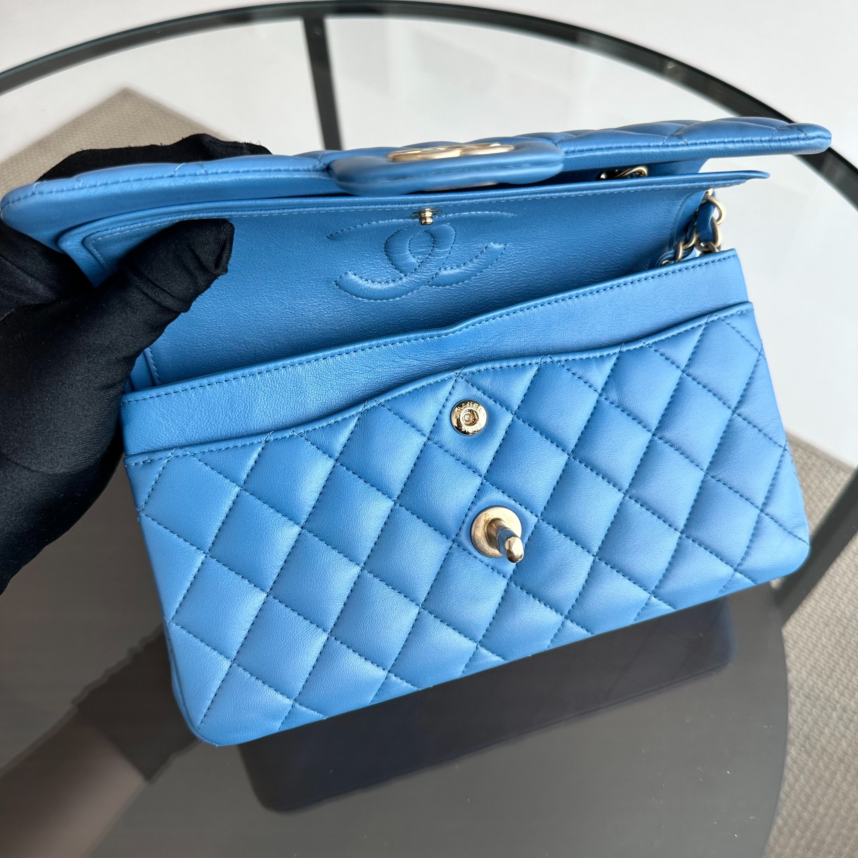 Chanel Classic Flap Small 23CM Lambskin Quilted Blue GHW No 27 - Luxury Evermore