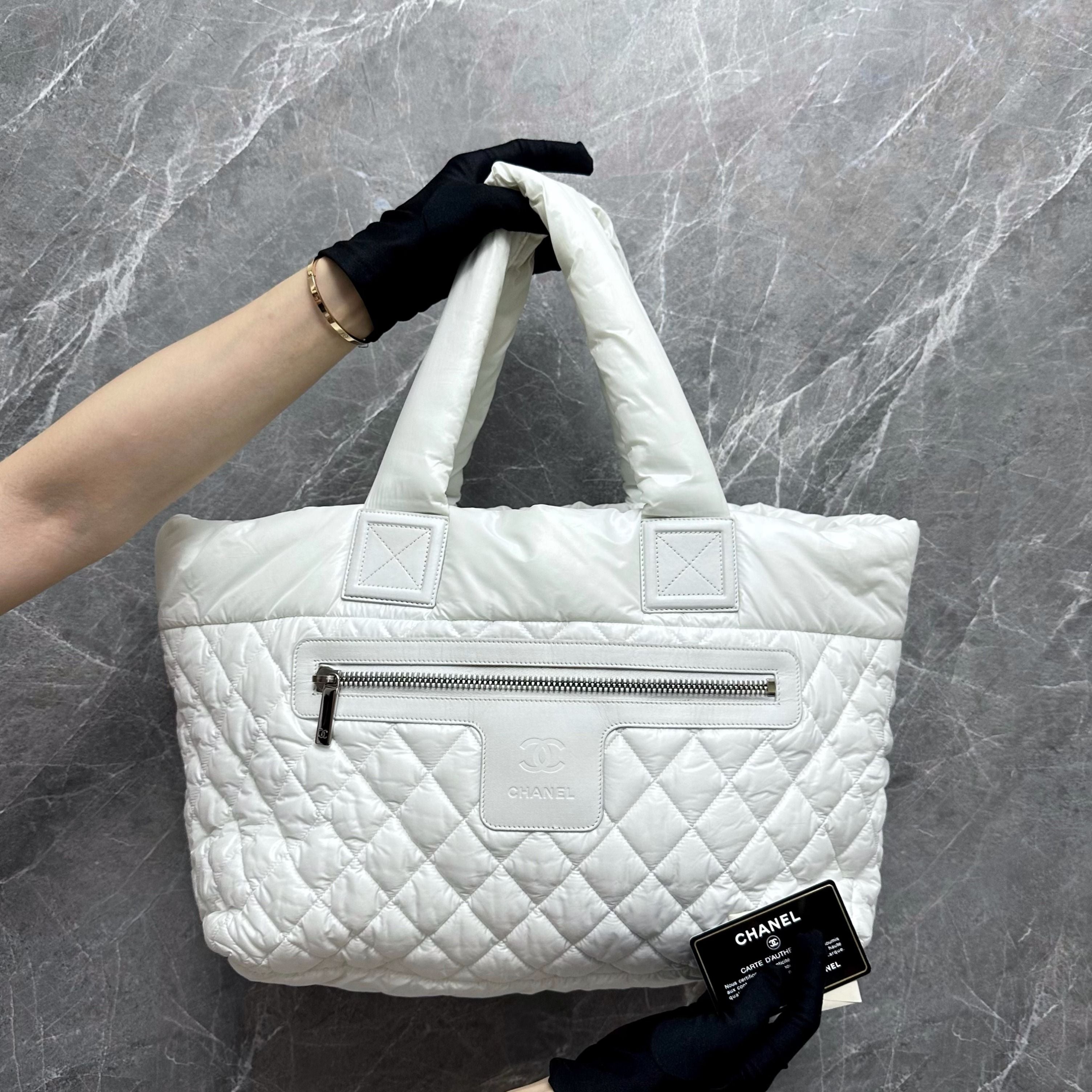 Chanel Coco Cocoon Quilted Nylon Tote White - Luxury Evermore