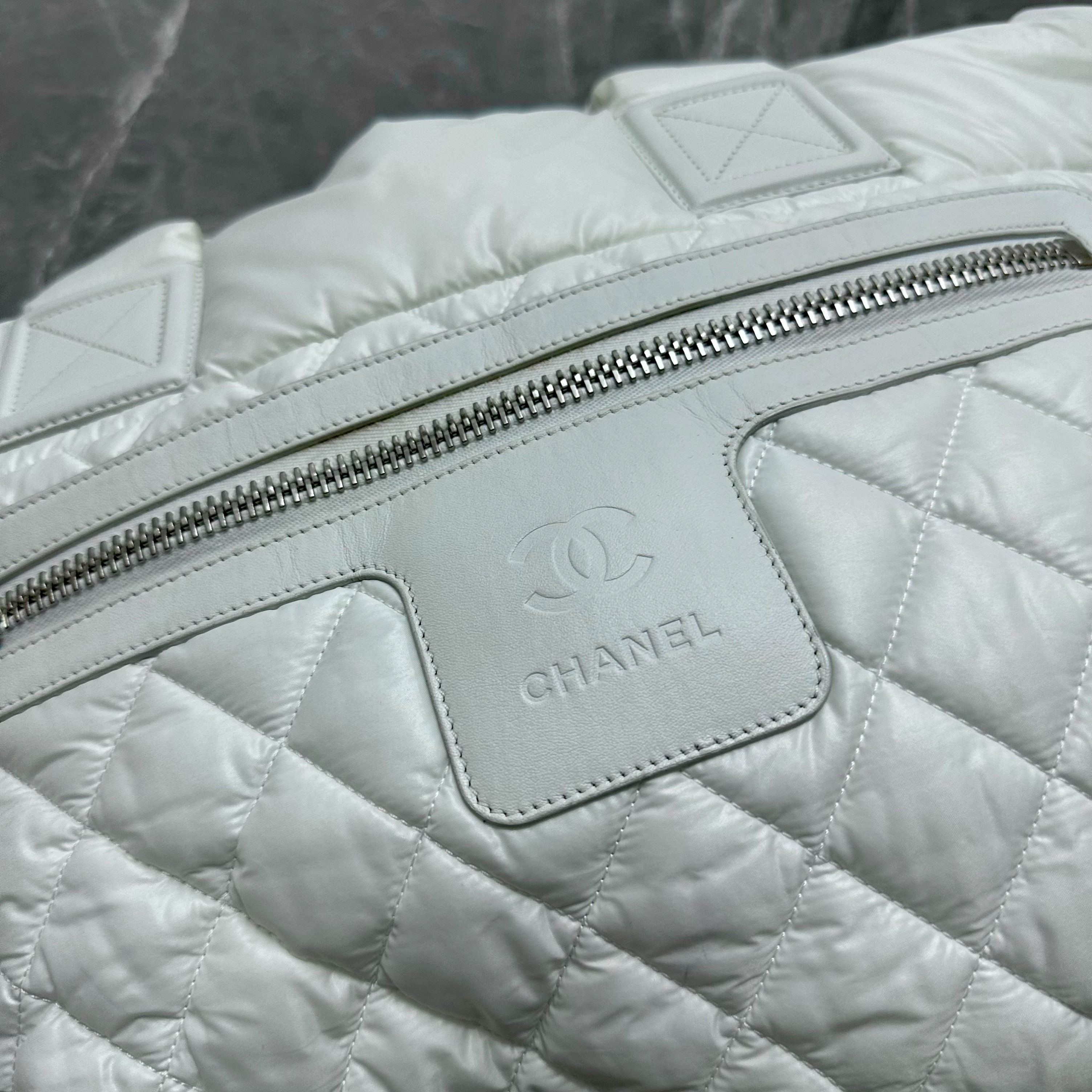 Chanel Coco Cocoon Quilted Nylon Tote White - Luxury Evermore