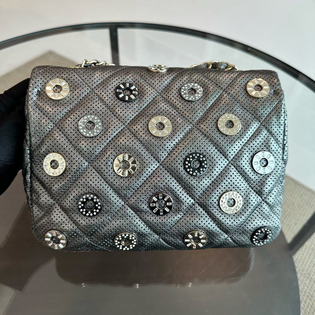 Chanel Cruise Paris-Dubai Medals 2015 Seasonal Flap Perforated Metallic Calfskin Dark Grey No 20 - Luxury Evermore