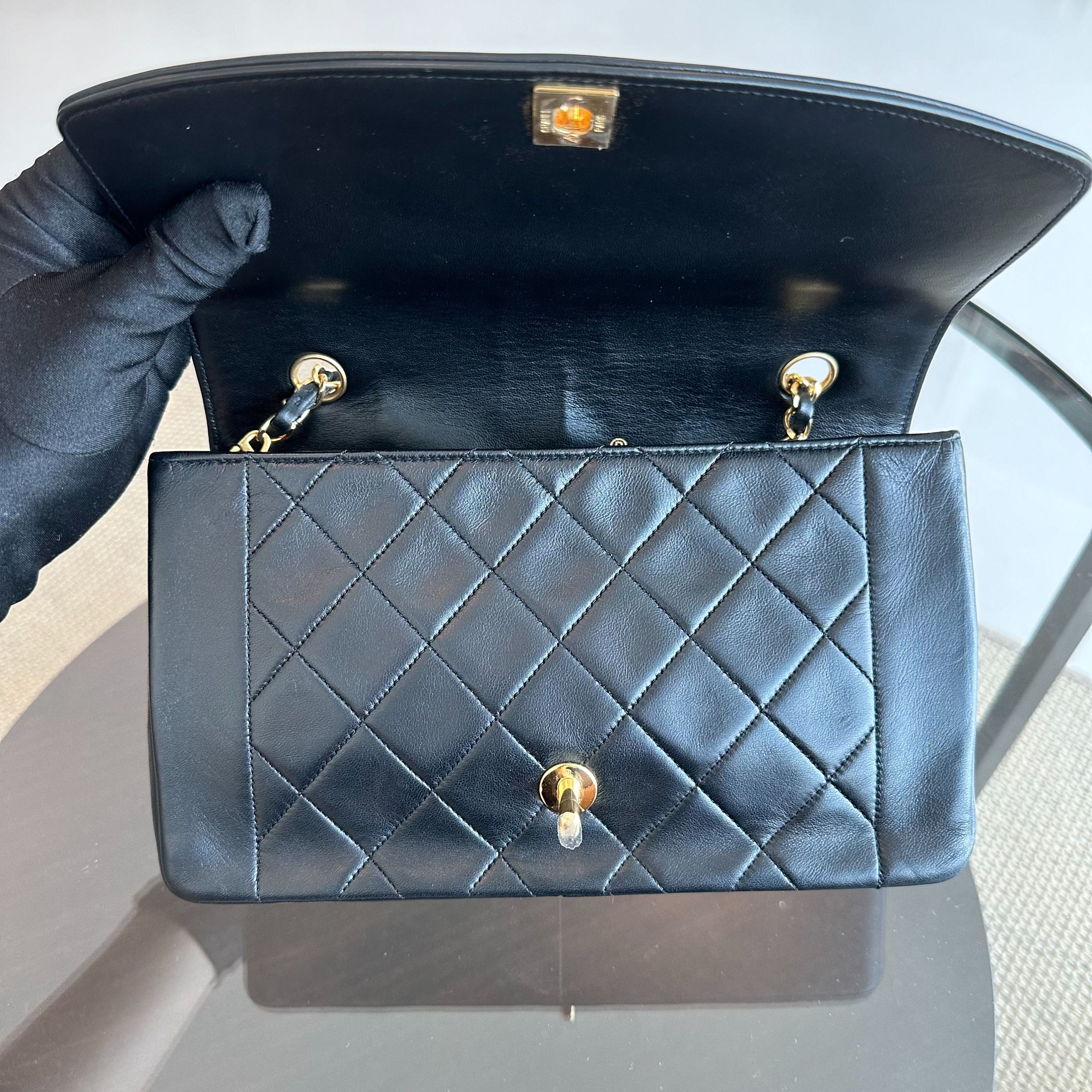 Chanel Diana Medium Vintage 24K Gold Flap Quilted Lambskin Black GHW No 1 - Luxury Evermore