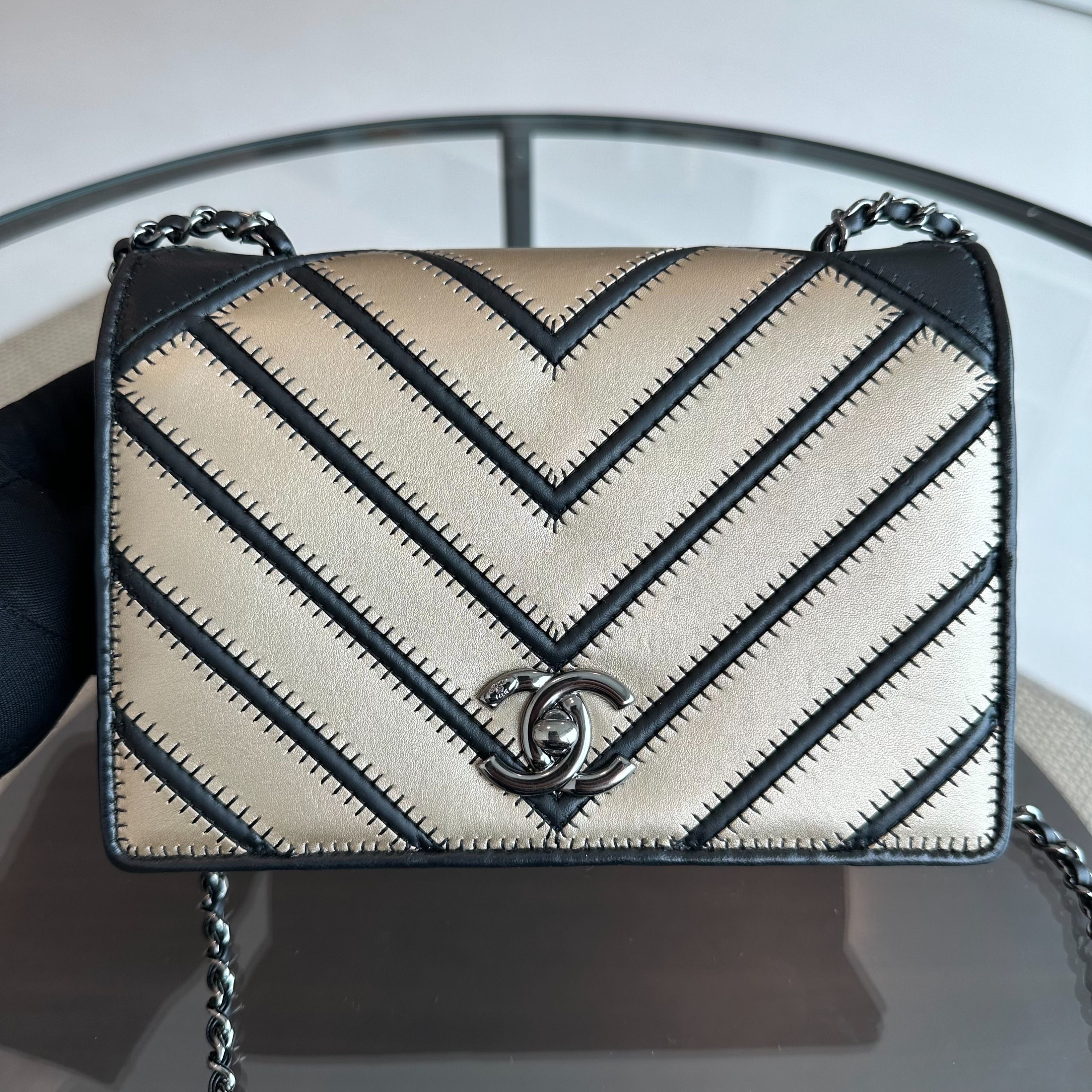 Chanel Flap Couture Chevron Stitched Gold Black Cross Body SHW No 23 - Luxury Evermore