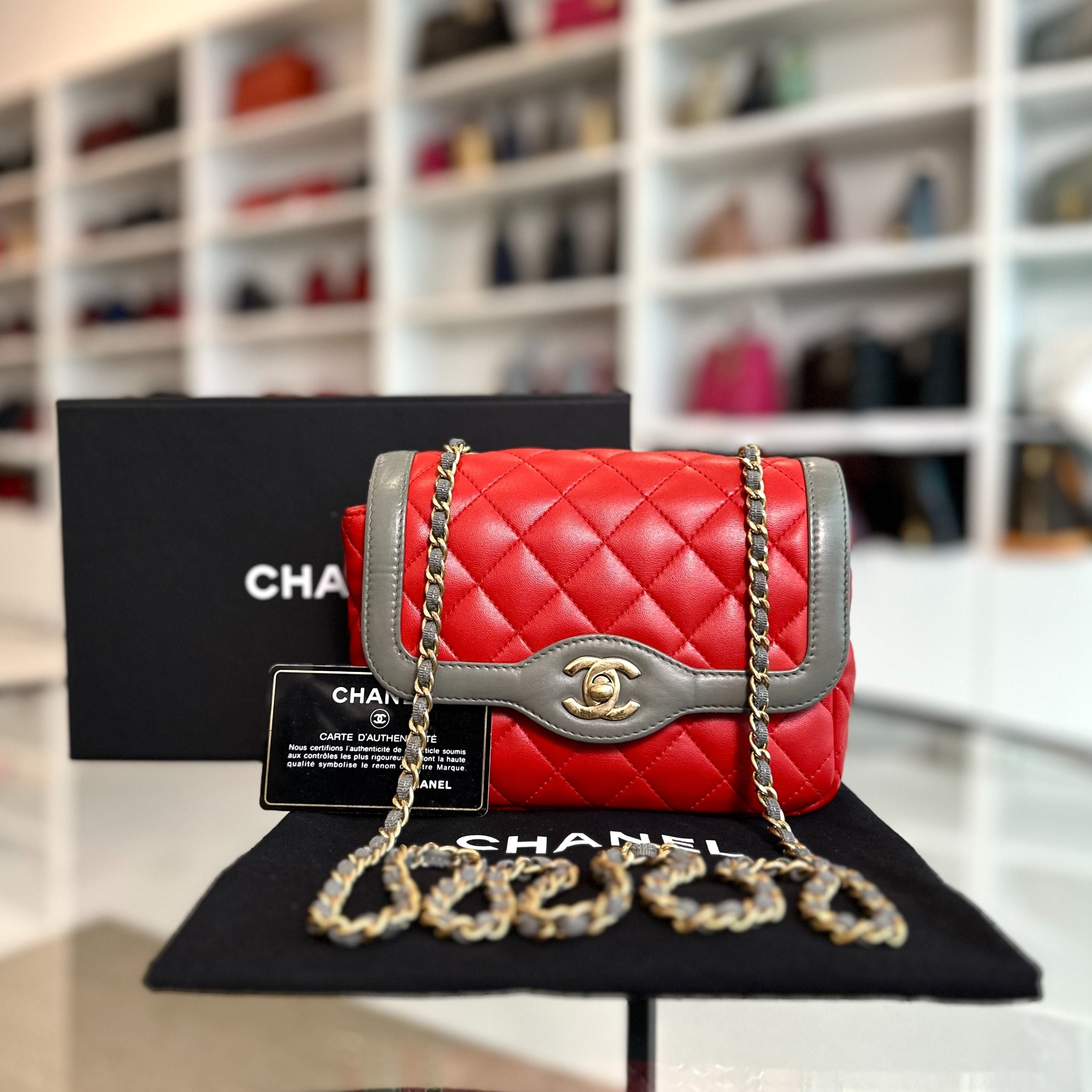 Chanel Flap Two-Tone Quilted Lambskin Red Grey GHW No 23 - Luxury Evermore