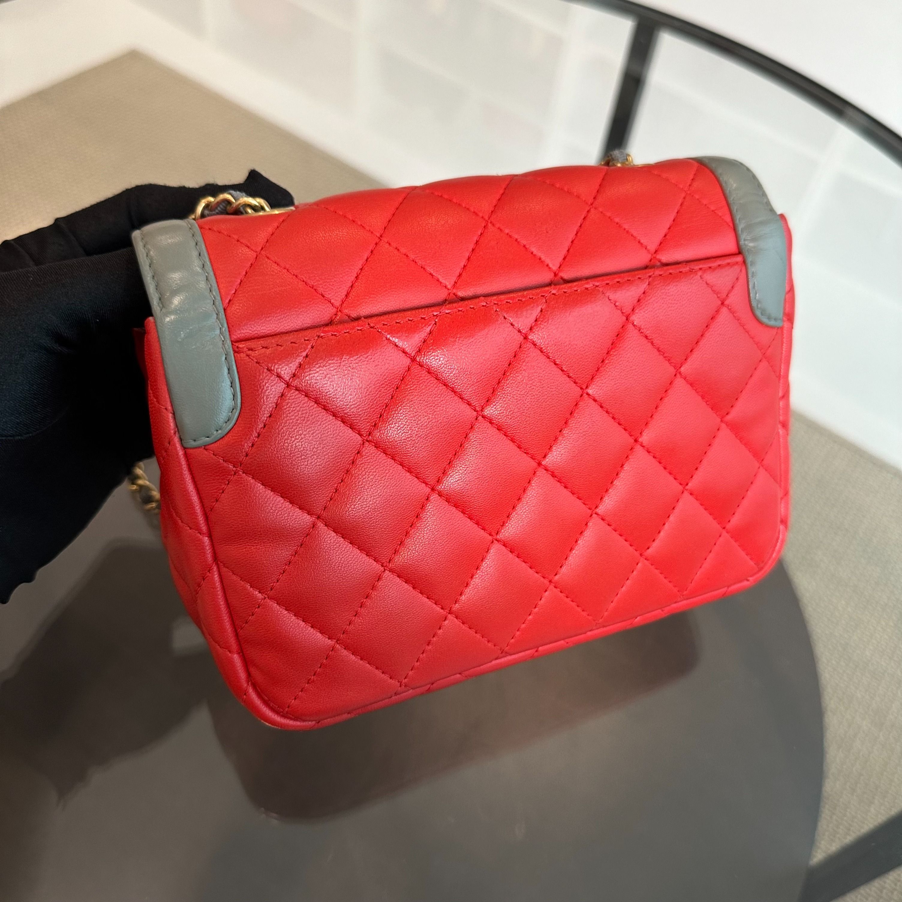 Chanel Flap Two-Tone Quilted Lambskin Red Grey GHW No 23 - Luxury Evermore