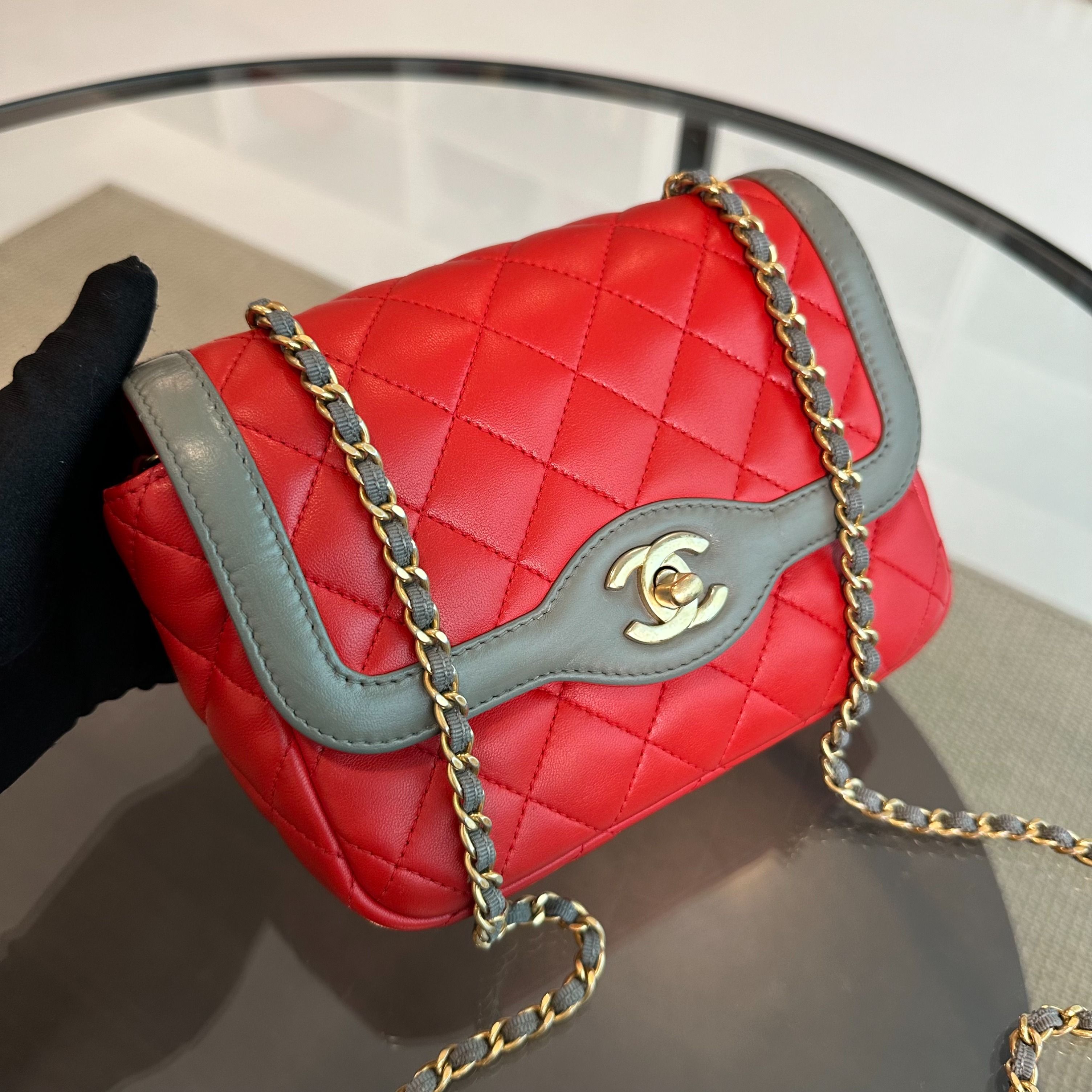 Chanel Flap Two-Tone Quilted Lambskin Red Grey GHW No 23 - Luxury Evermore