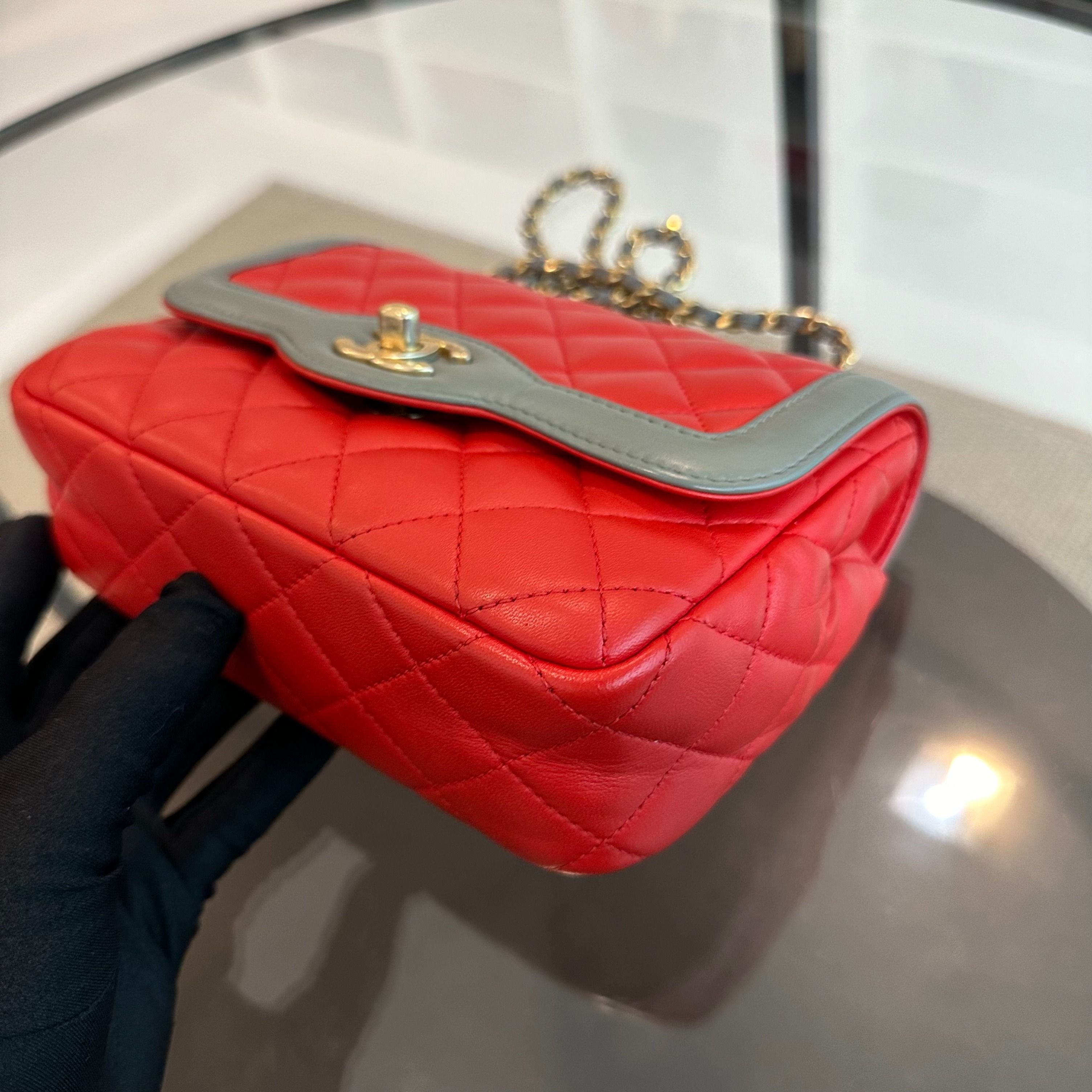 Chanel Flap Two-Tone Quilted Lambskin Red Grey GHW No 23 - Luxury Evermore