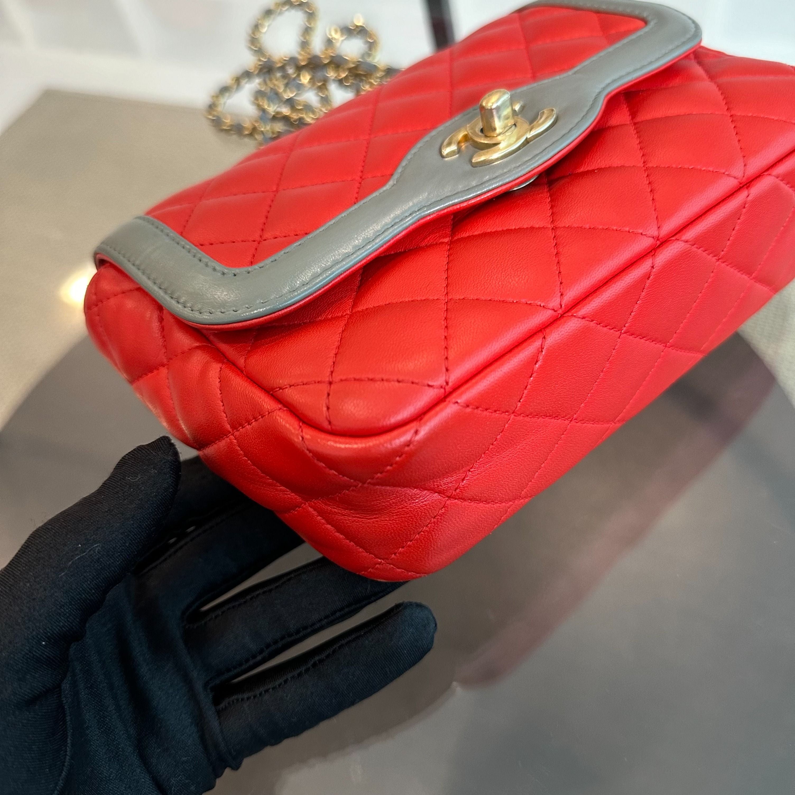 Chanel Flap Two-Tone Quilted Lambskin Red Grey GHW No 23 - Luxury Evermore