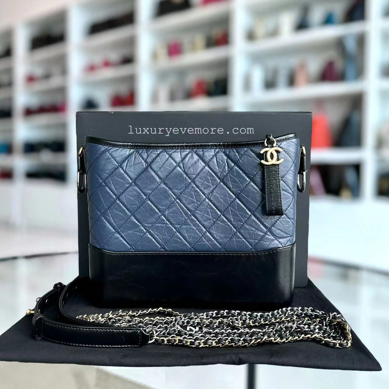 Chanel Gabrielle Medium Quilted Calfskin Blue Black Two-Tone Hardware Series 26 - Luxury Evermore