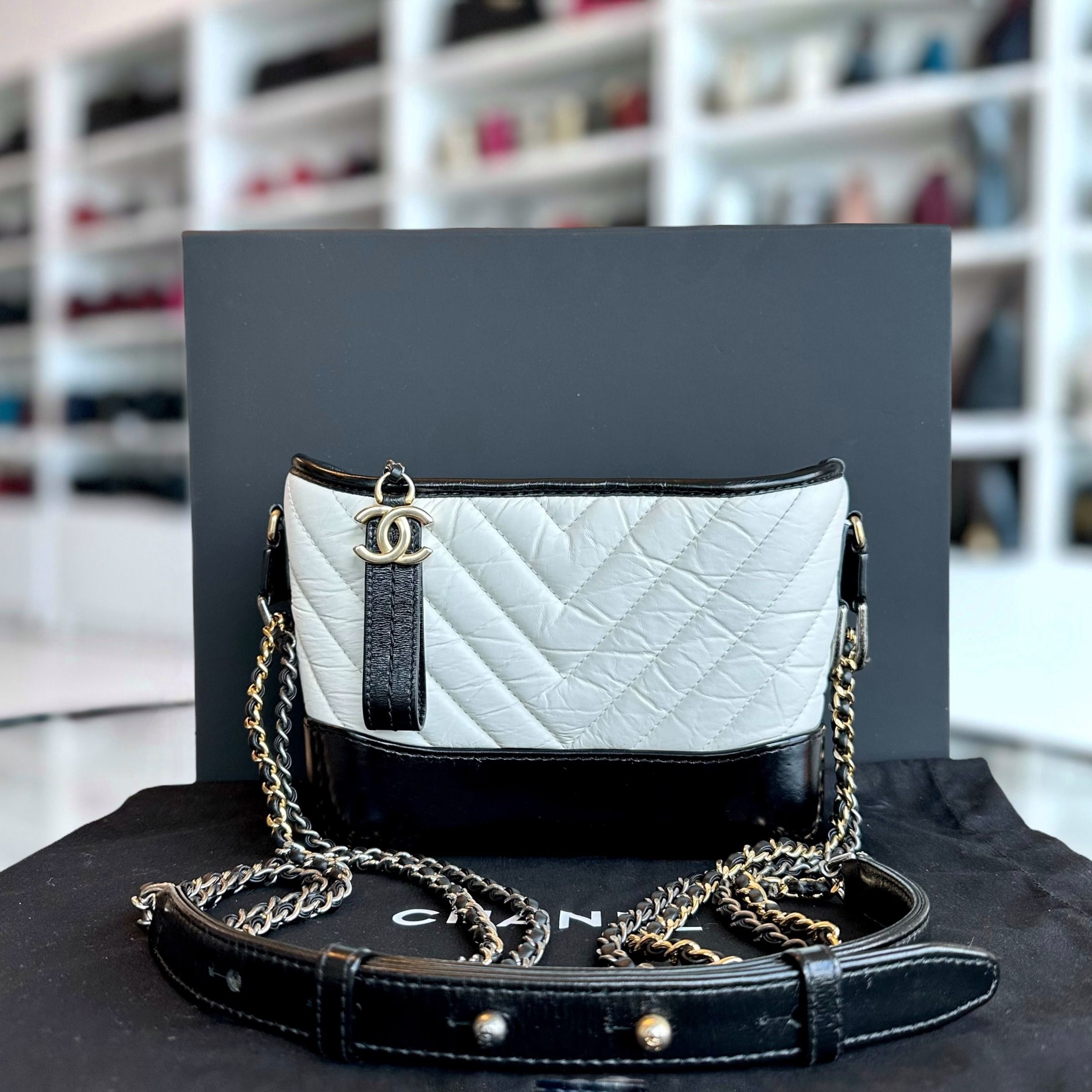 Chanel Gabrielle Small Hobo Chevron Calfskin White Black Two-Tone GHW No 27 - Luxury Evermore