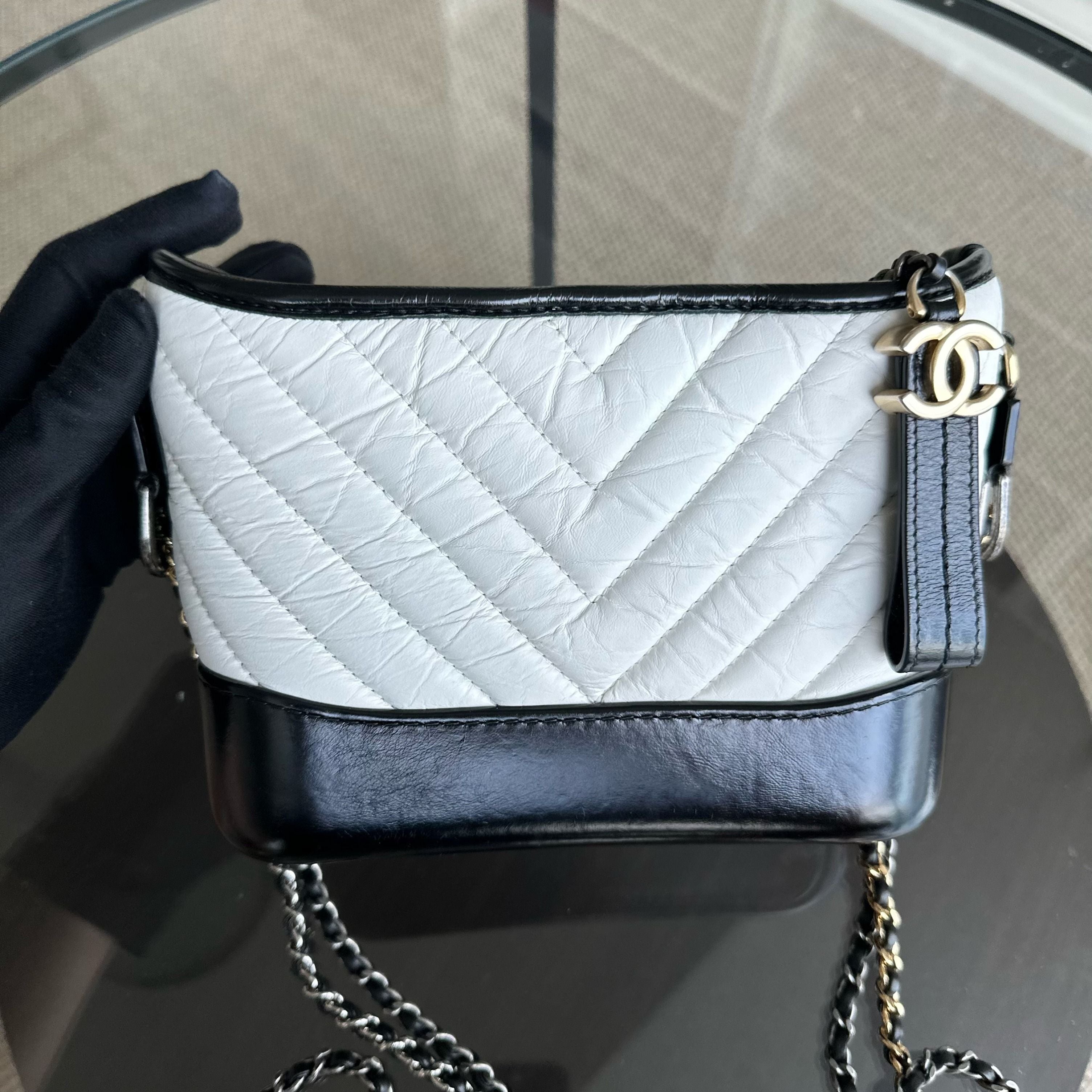 Chanel Gabrielle Small Hobo Chevron Calfskin White Black Two-Tone GHW No 27 - Luxury Evermore