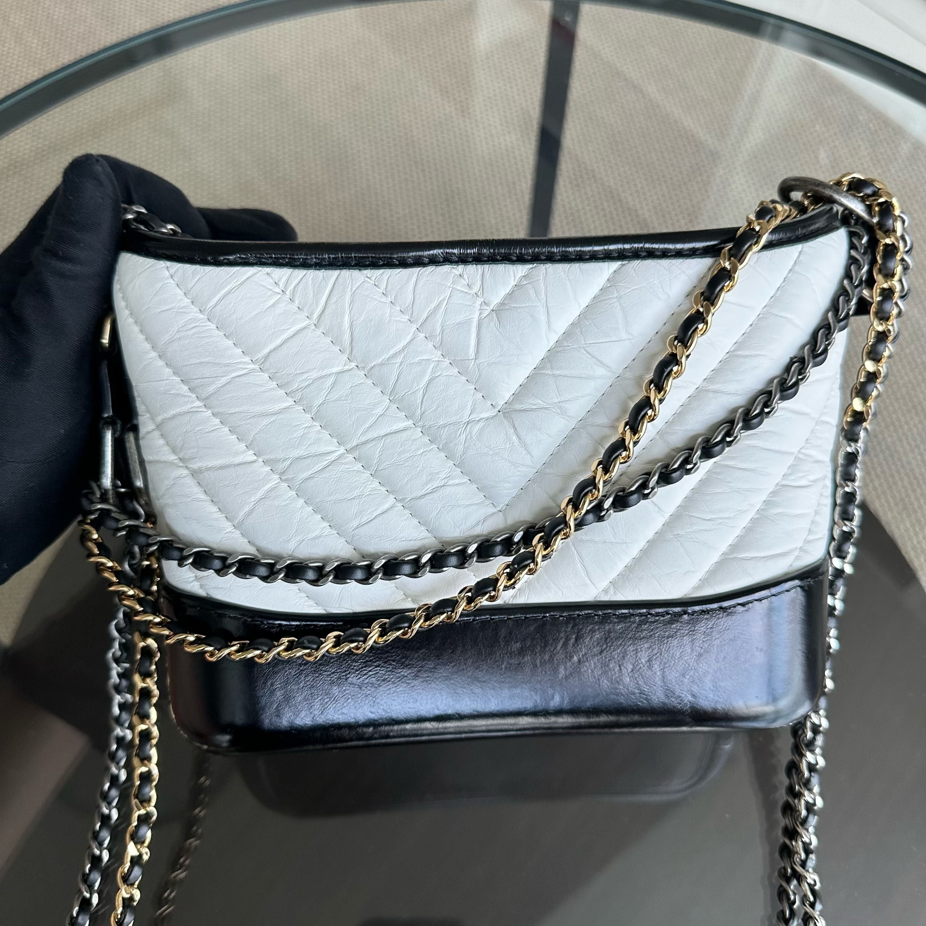 Chanel Gabrielle Small Hobo Chevron Calfskin White Black Two-Tone GHW No 27 - Luxury Evermore