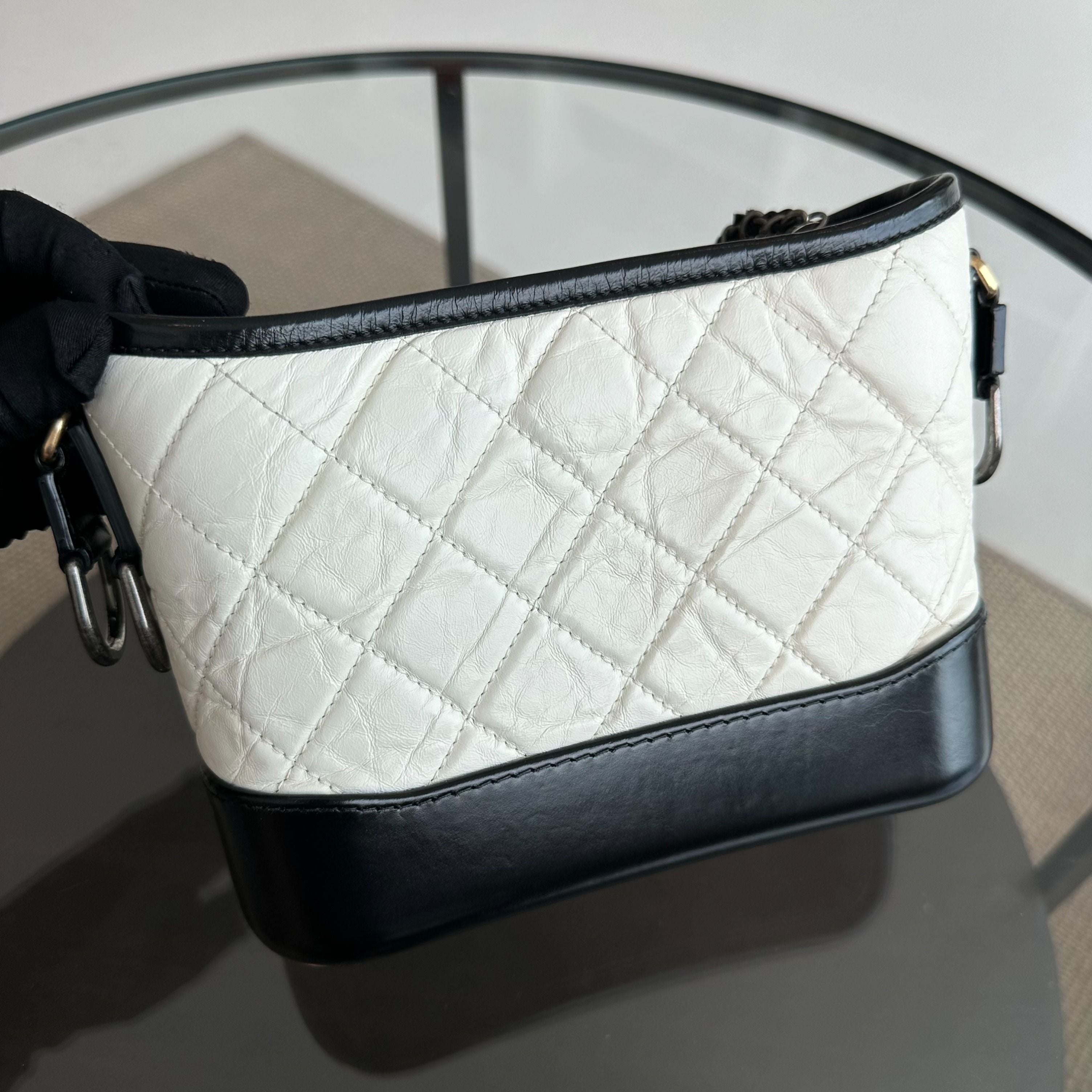 Chanel Gabrielle Small Hobo Quilted Aged Calfskin White Black No 26 - Luxury Evermore