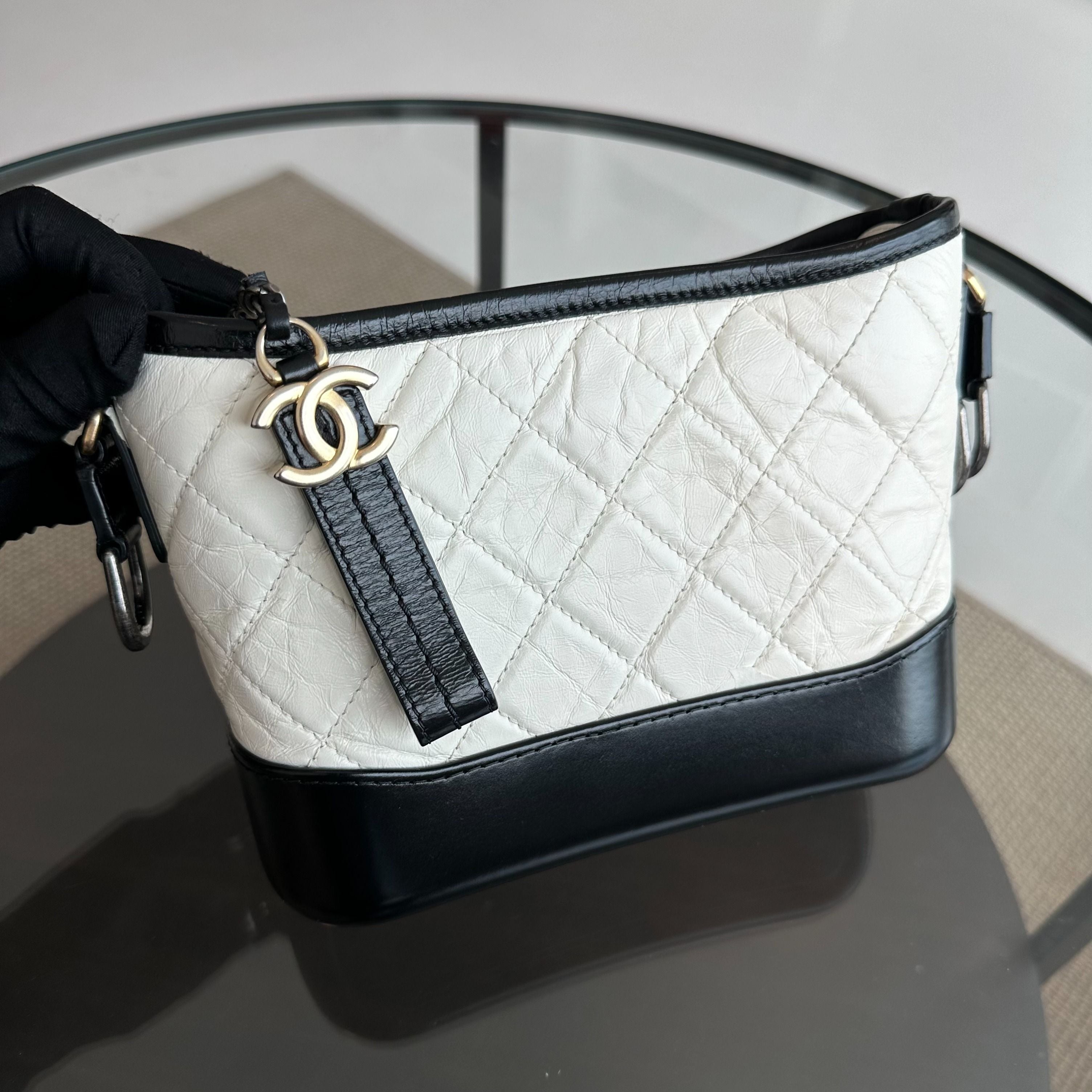 Chanel Gabrielle Small Hobo Quilted Aged Calfskin White Black No 26 - Luxury Evermore