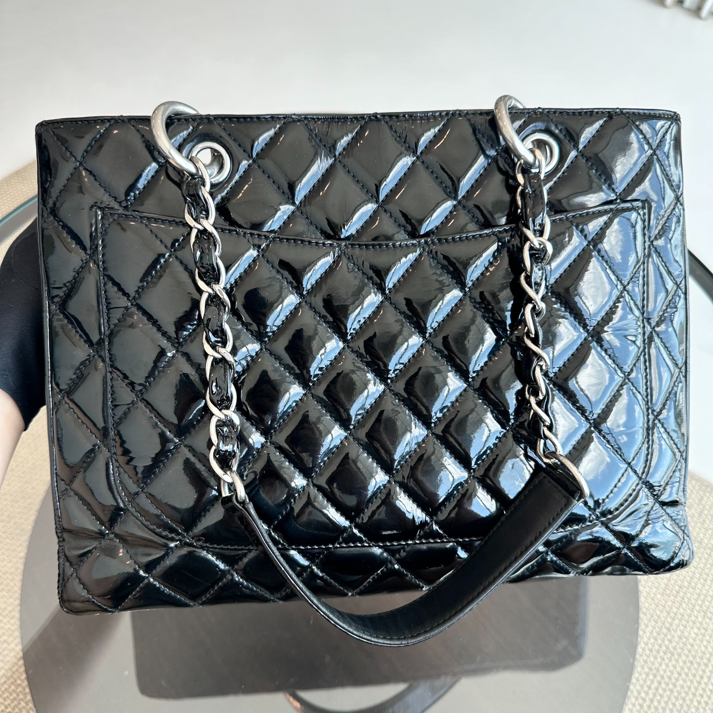 Chanel GST Grand Shopping Tote Patent Leather Quilted Black SHW No 12 - Luxury Evermore