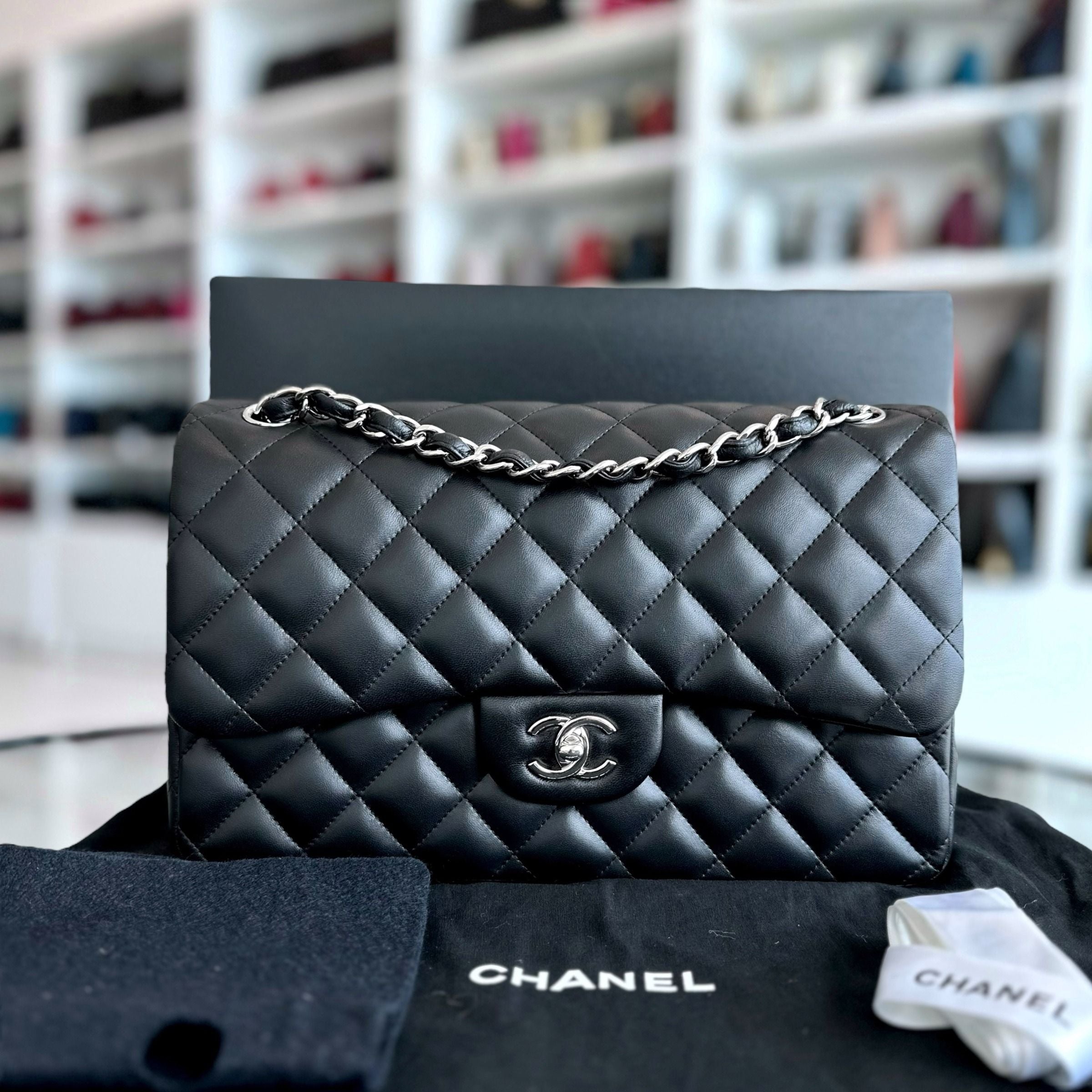 Chanel Jumbo Classic Flap Double Flap Quilted Lambskin Black SHW No 18 - Luxury Evermore