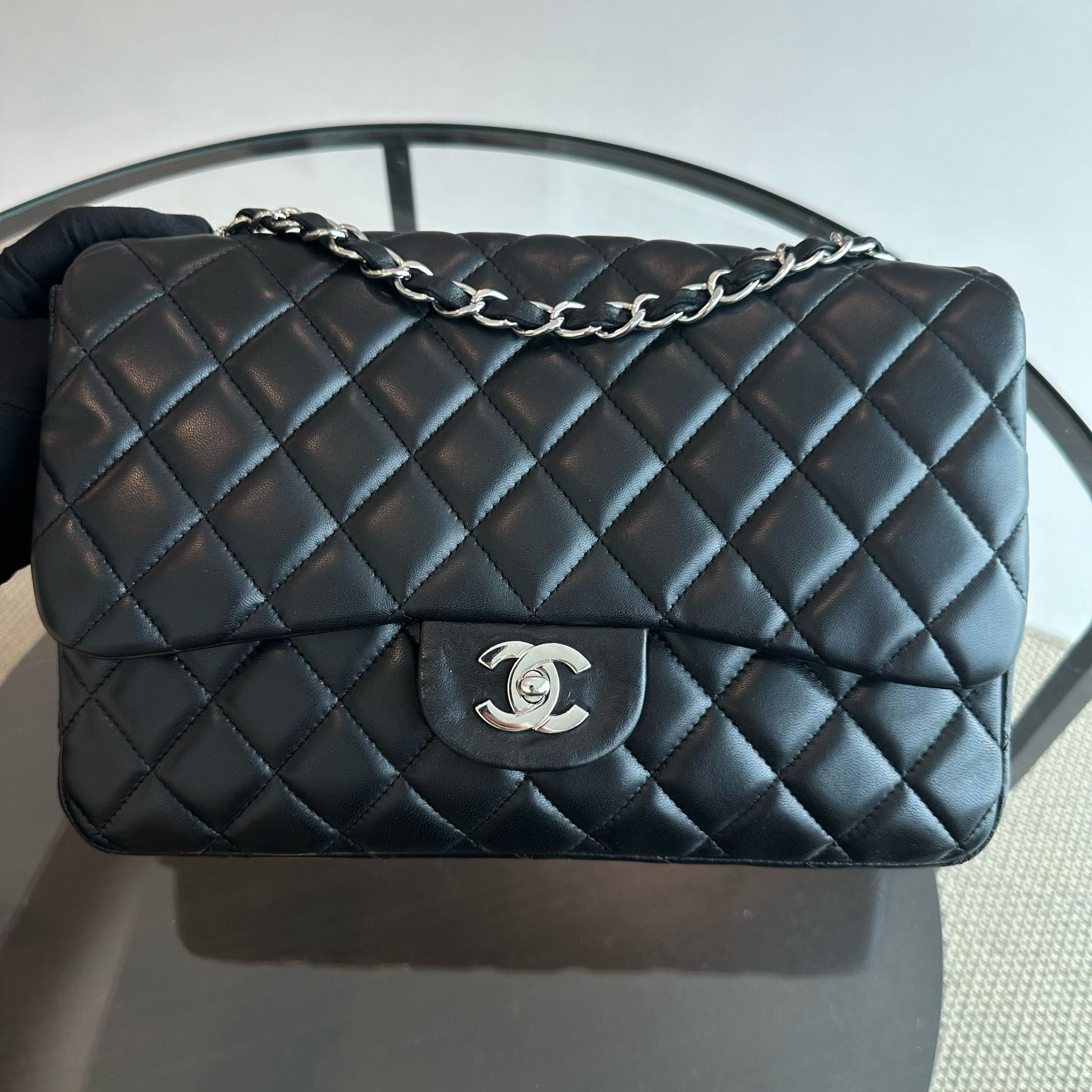 Chanel Jumbo Classic Flap Lambskin Quilted Black SHW No 12 - Luxury Evermore