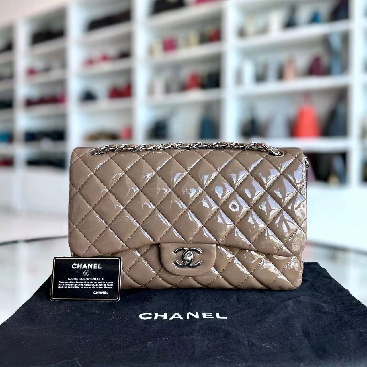 Chanel Jumbo Classic Flap Quilted Patent Calfskin Leather Brown SHW No 15 - Luxury Evermore