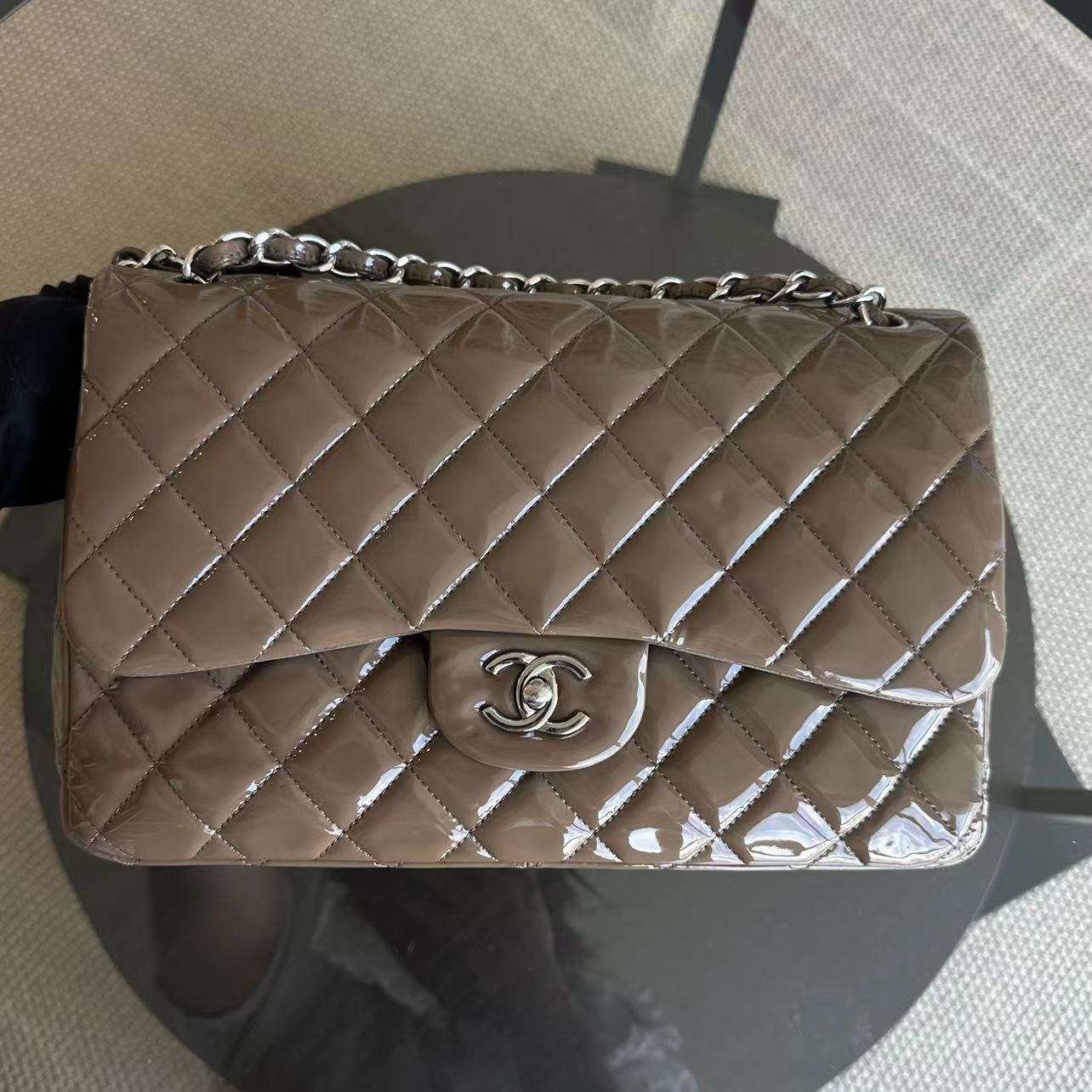 Chanel Jumbo Classic Flap Quilted Patent Calfskin Leather Brown SHW No 15 - Luxury Evermore