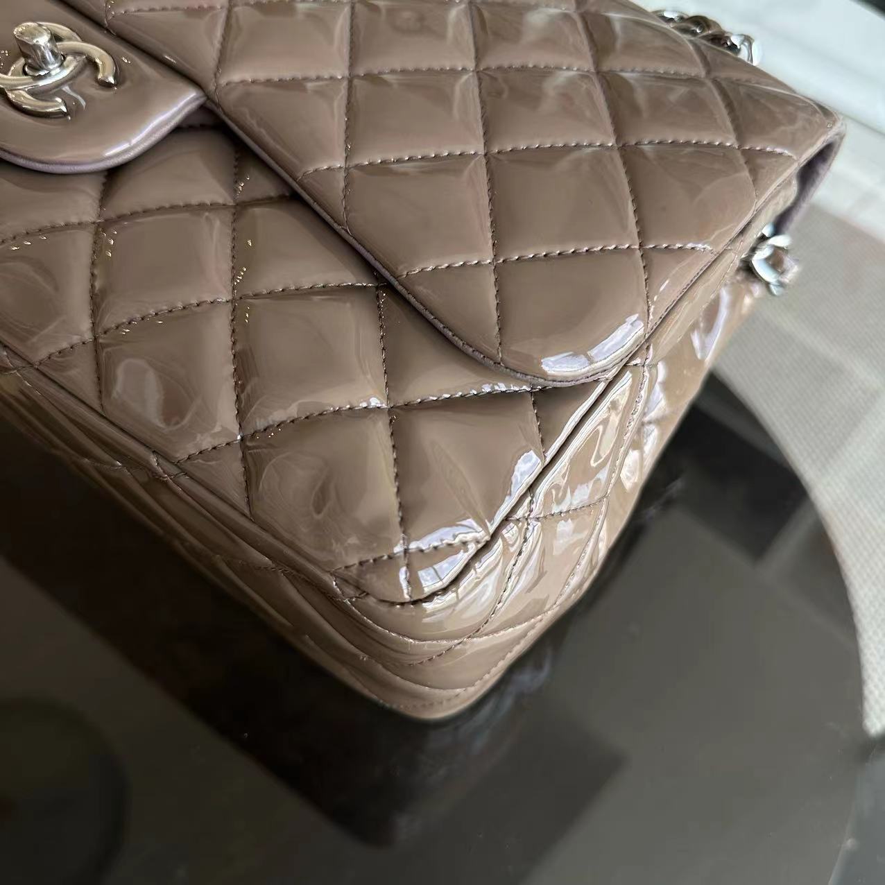 Chanel Jumbo Classic Flap Quilted Patent Calfskin Leather Brown SHW No 15 - Luxury Evermore