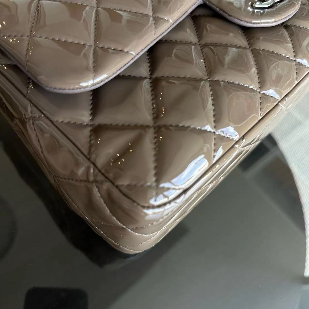 Chanel Jumbo Classic Flap Quilted Patent Calfskin Leather Brown SHW No 15 - Luxury Evermore