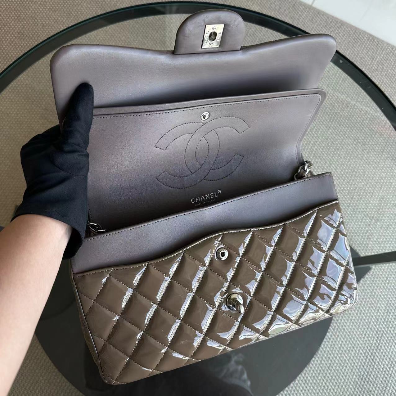 Chanel Jumbo Classic Flap Quilted Patent Calfskin Leather Brown SHW No 15 - Luxury Evermore