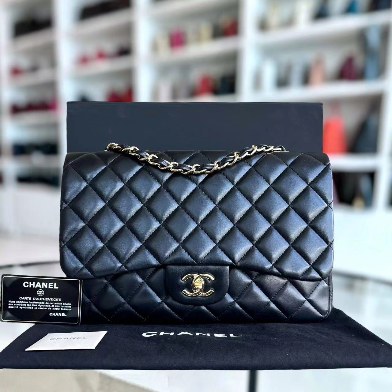 Chanel Jumbo Classic Flap Single Flap 30CM Quilted Lambskin Black Golden Hardware Series 14 - Luxury Evermore