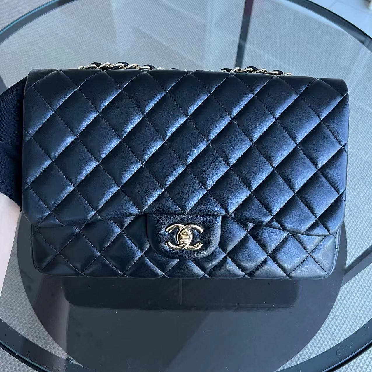 Chanel Jumbo Classic Flap Single Flap 30CM Quilted Lambskin Black Golden Hardware Series 14 - Luxury Evermore