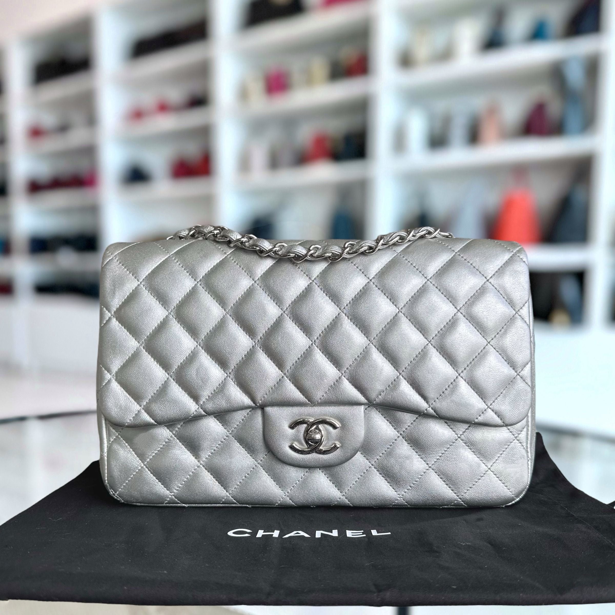 Chanel Jumbo Classic Flap Single Flap 30CM Quilted Lambskin Silver SHW No 13 - Luxury Evermore