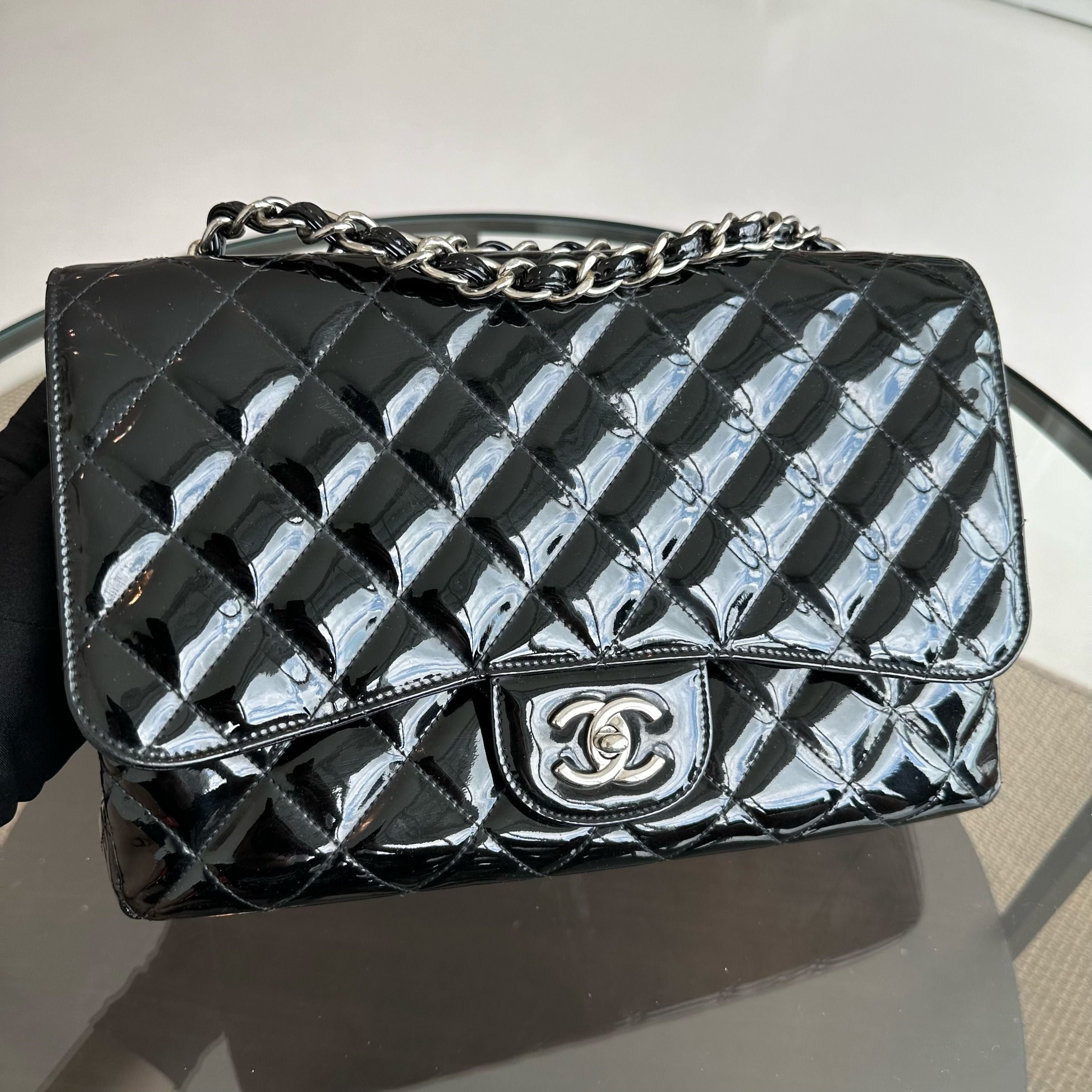 Chanel Jumbo Classic Flap Single Flap Patent Leather Black SHW No 13 - Luxury Evermore