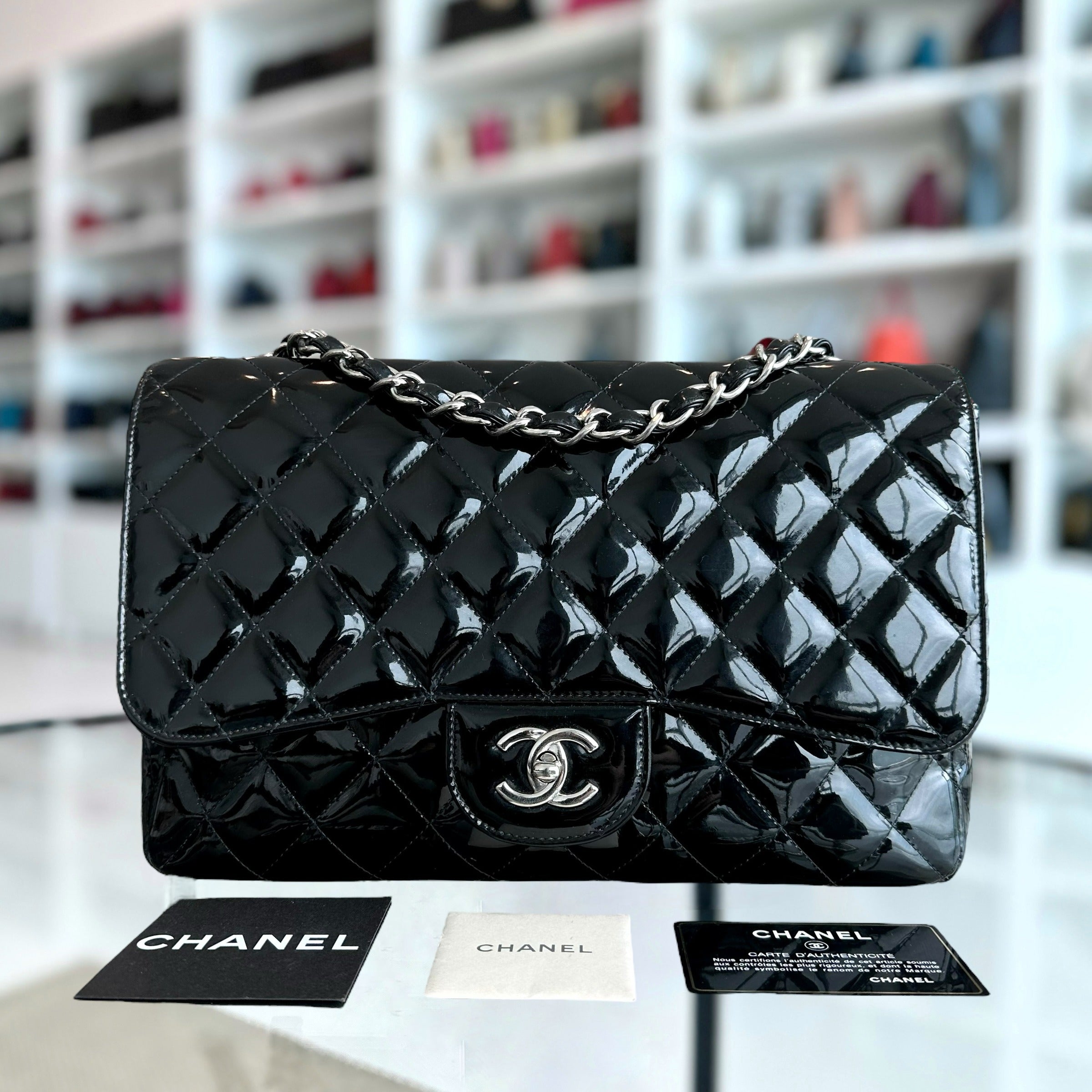 Chanel Jumbo Classic Flap Single Flap Patent Leather Black SHW No 13 - Luxury Evermore